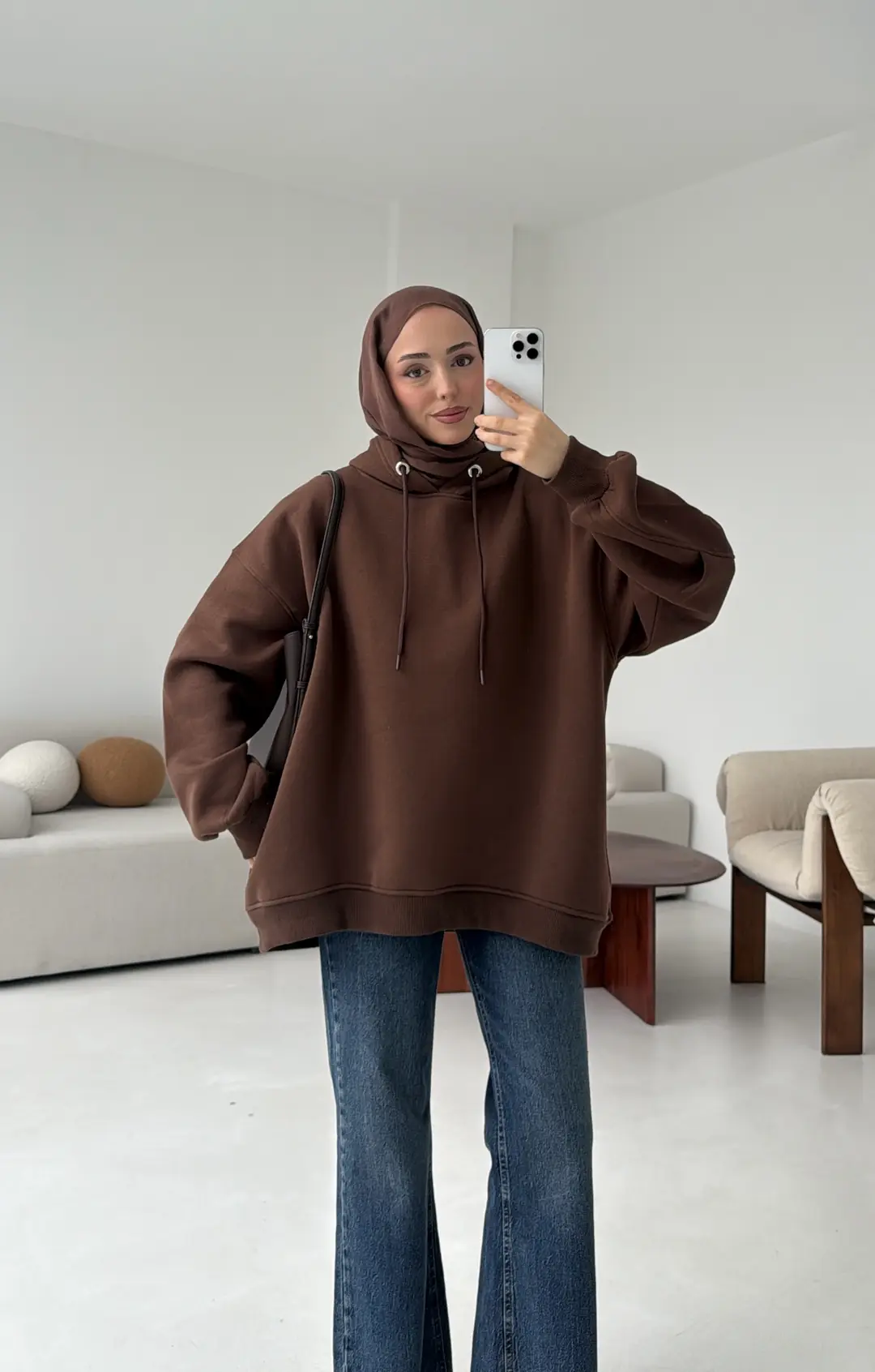 Kolu Pile Detay Oversize Sweatshirt Kahve - Görsel 9