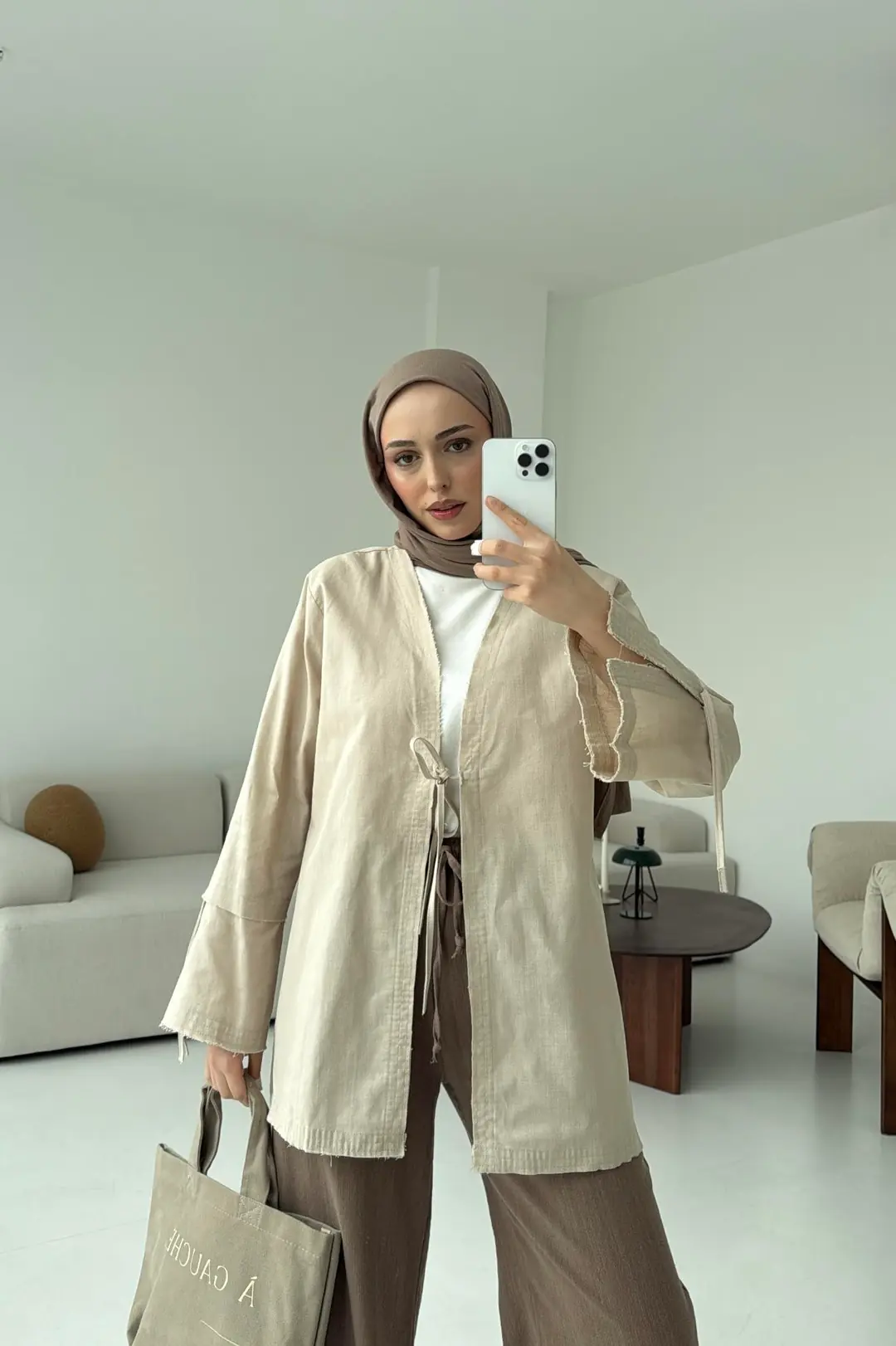 Kolu Yırtmaç Detay Kimono Bej - Görsel 2