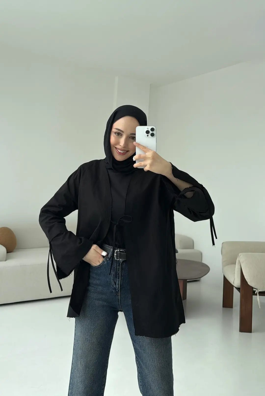 Kolu Yırtmaç Detay Kimono Siyah - Görsel 2