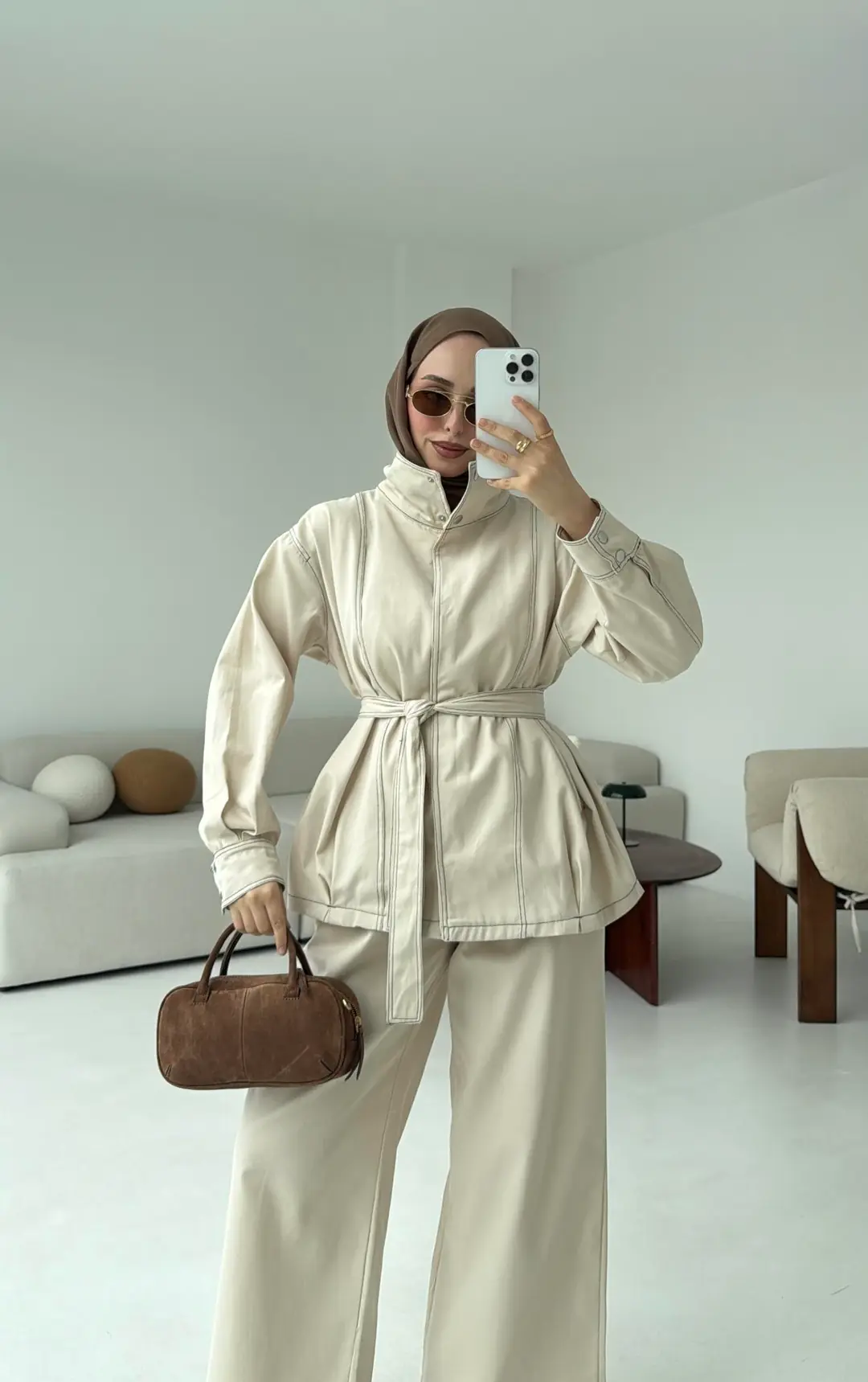 Kontrast Dikişli Gabardin Takım Bej - Görsel 2