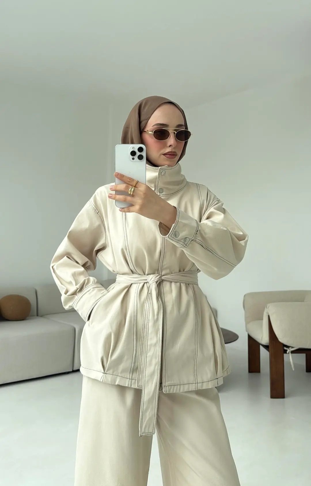 Kontrast Dikişli Gabardin Takım Bej - Görsel 4