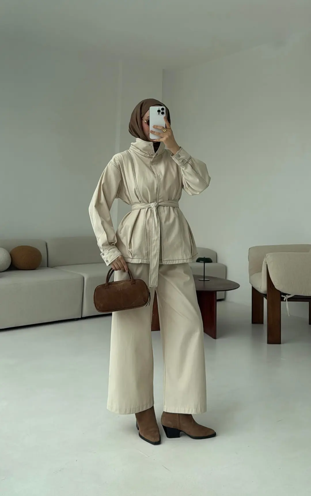 Kontrast Dikişli Gabardin Takım Bej - Görsel 7