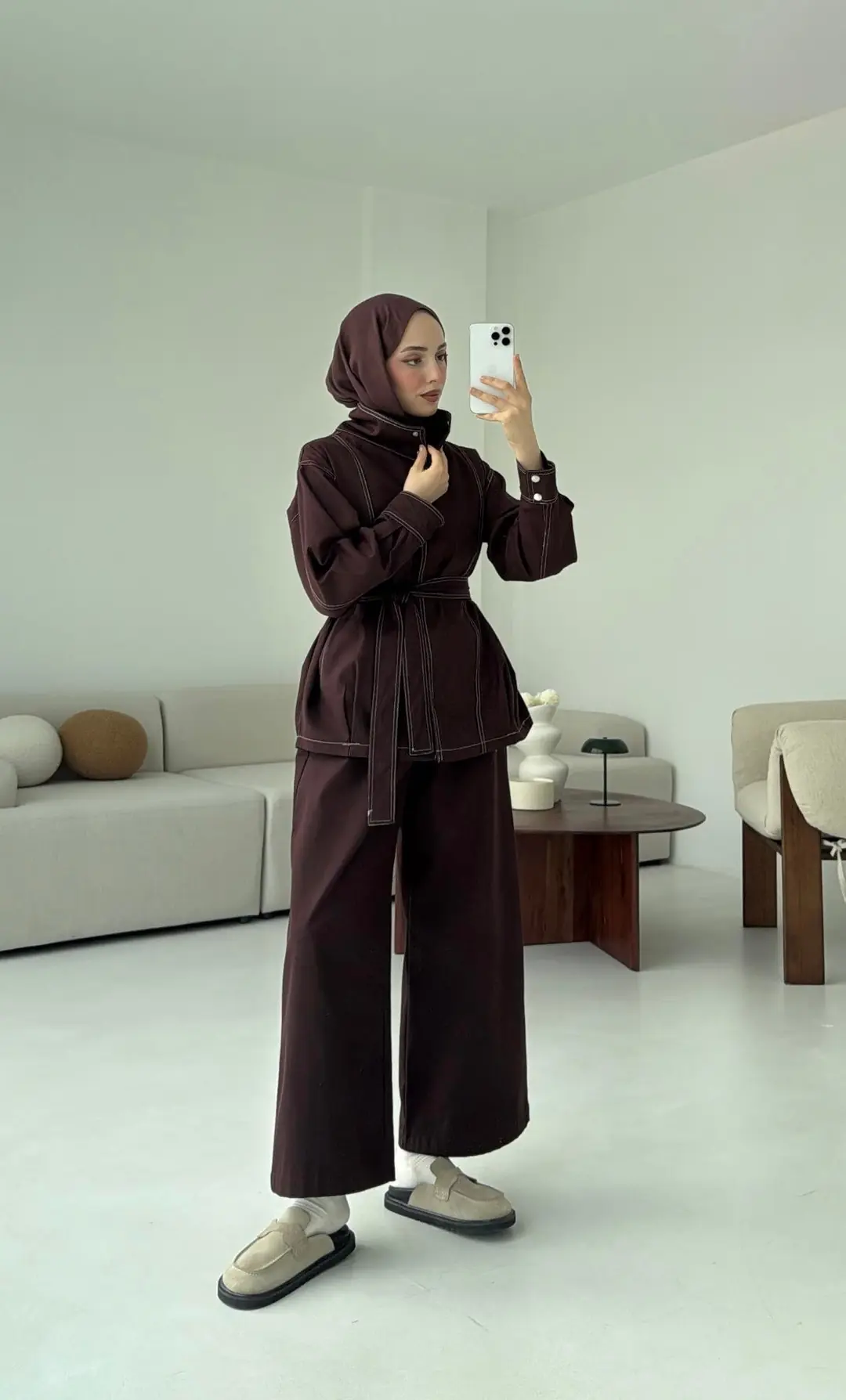 Kontrast Dikişli Gabardin Takım Kahve - Görsel 10