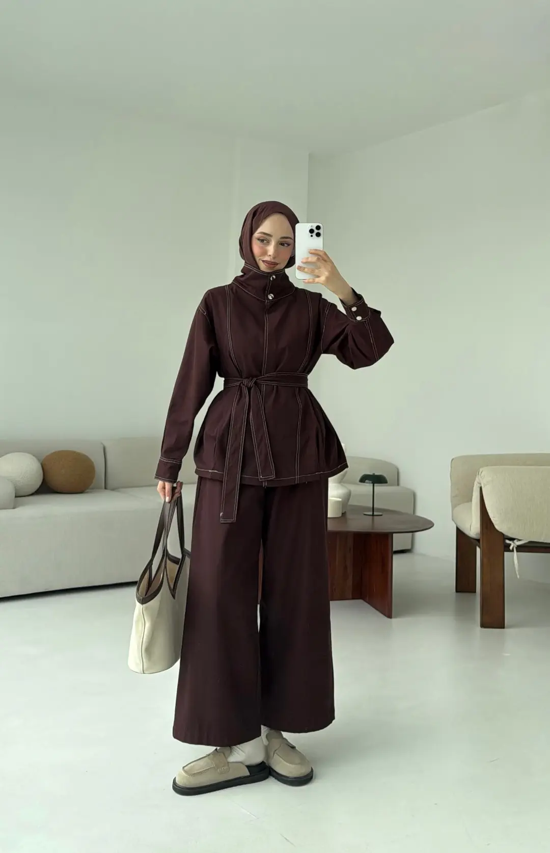 Kontrast Dikişli Gabardin Takım Kahve - Görsel 3