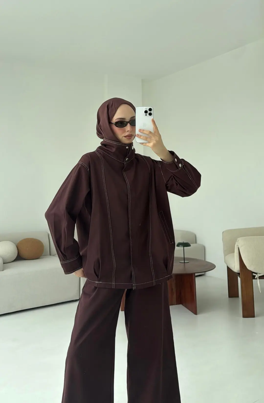 Kontrast Dikişli Gabardin Takım Kahve - Görsel 7