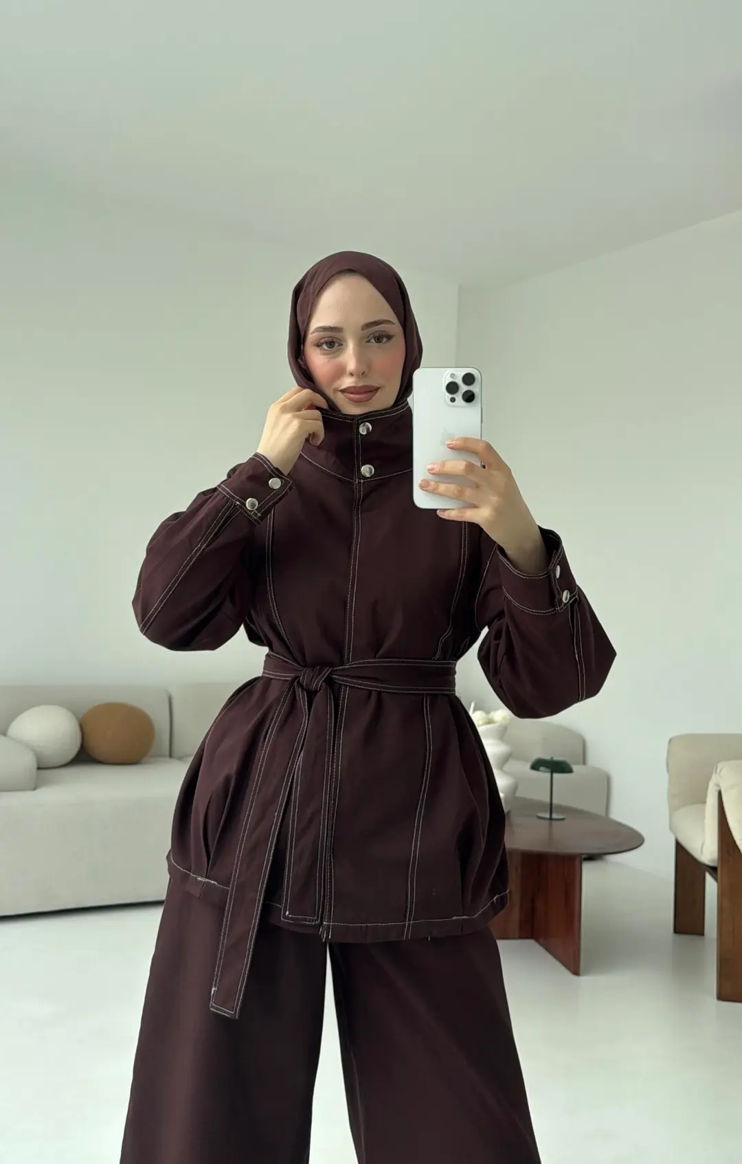 Kontrast Dikişli Gabardin Takım Kahve - Görsel 8