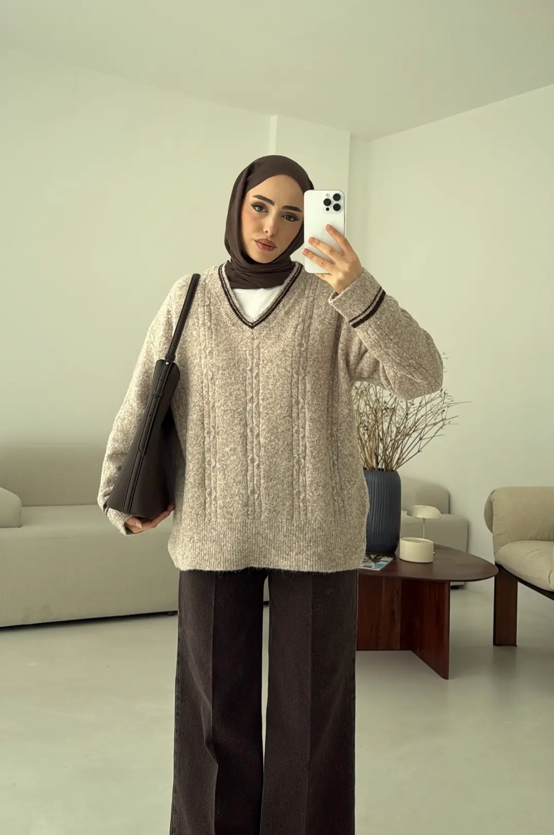 Kontrast Yaka Triko Kazak Bej