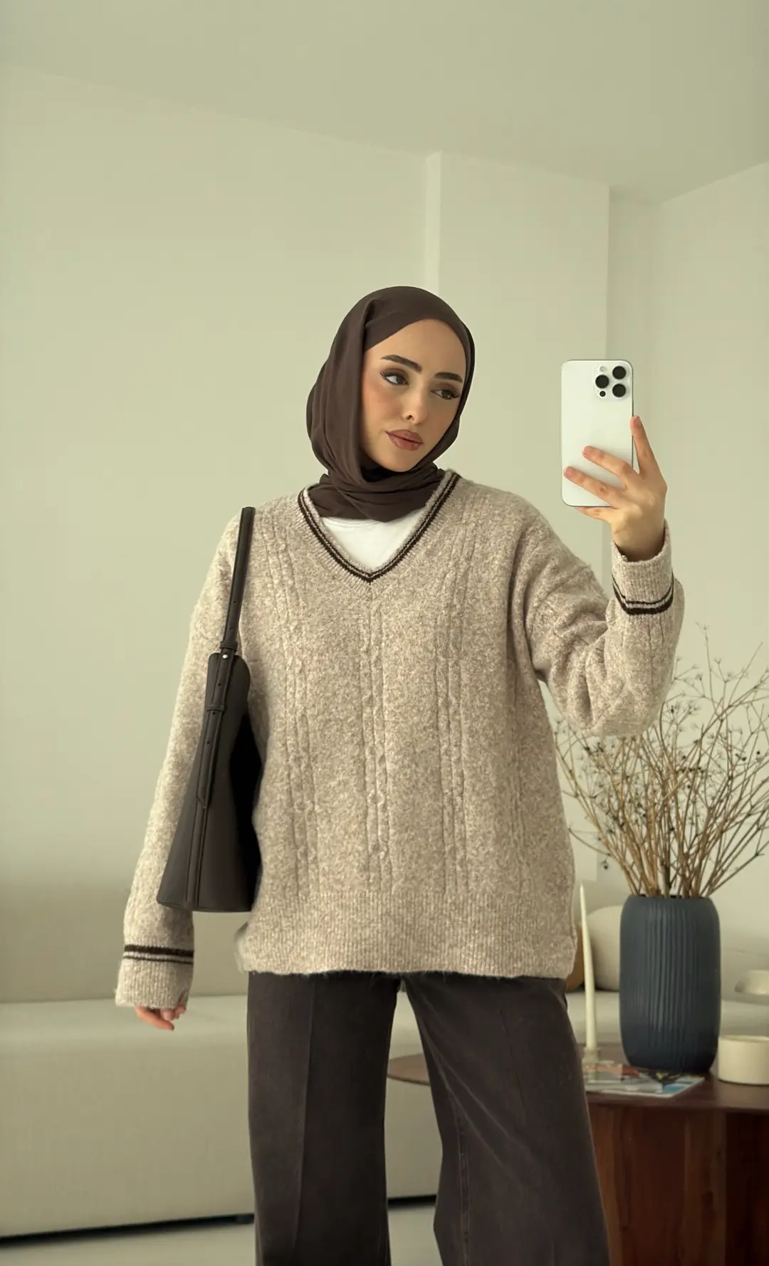 Kontrast Yaka Triko Kazak Bej - Görsel 6