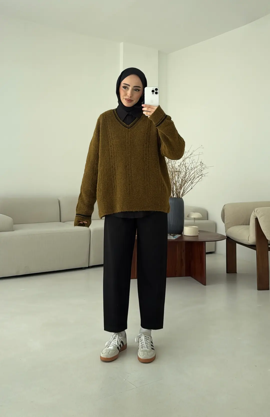 Kontrast Yaka Triko Kazak Olive