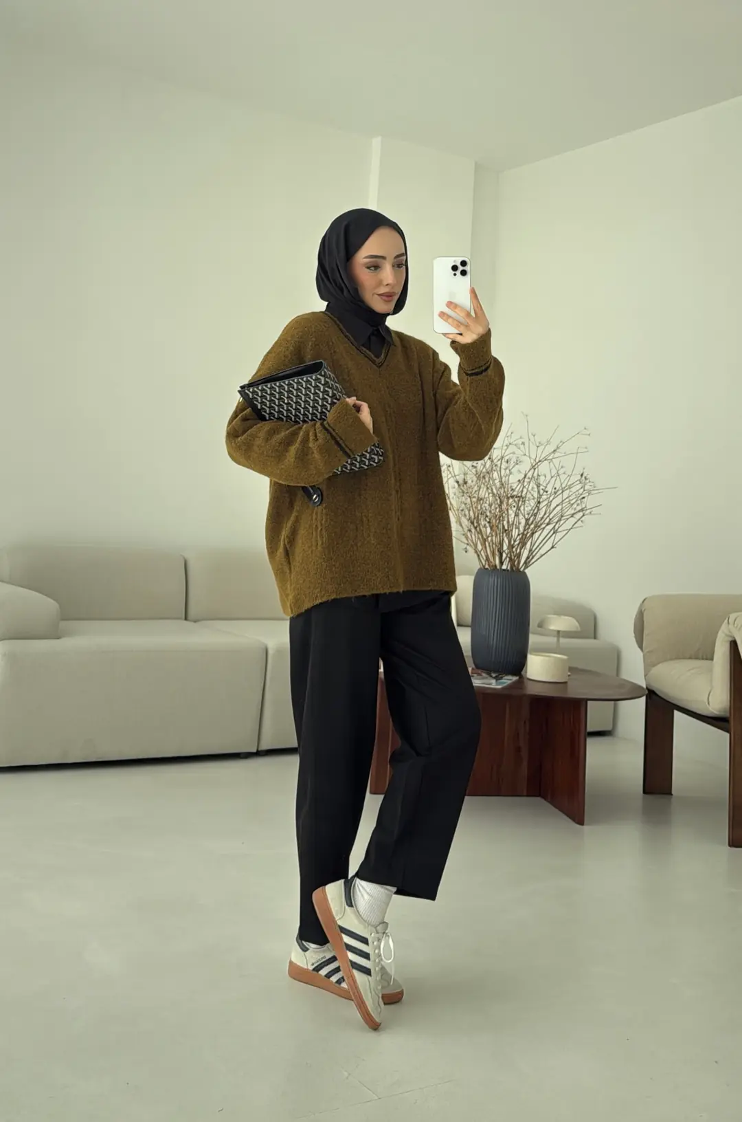 Kontrast Yaka Triko Kazak Olive - Görsel 4