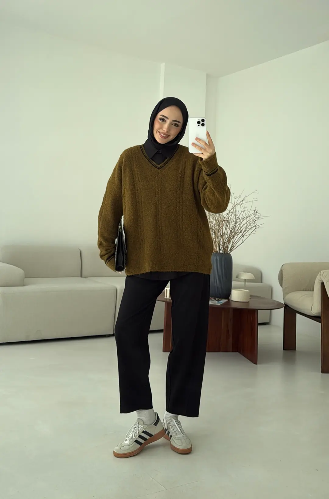 Kontrast Yaka Triko Kazak Olive - Görsel 8