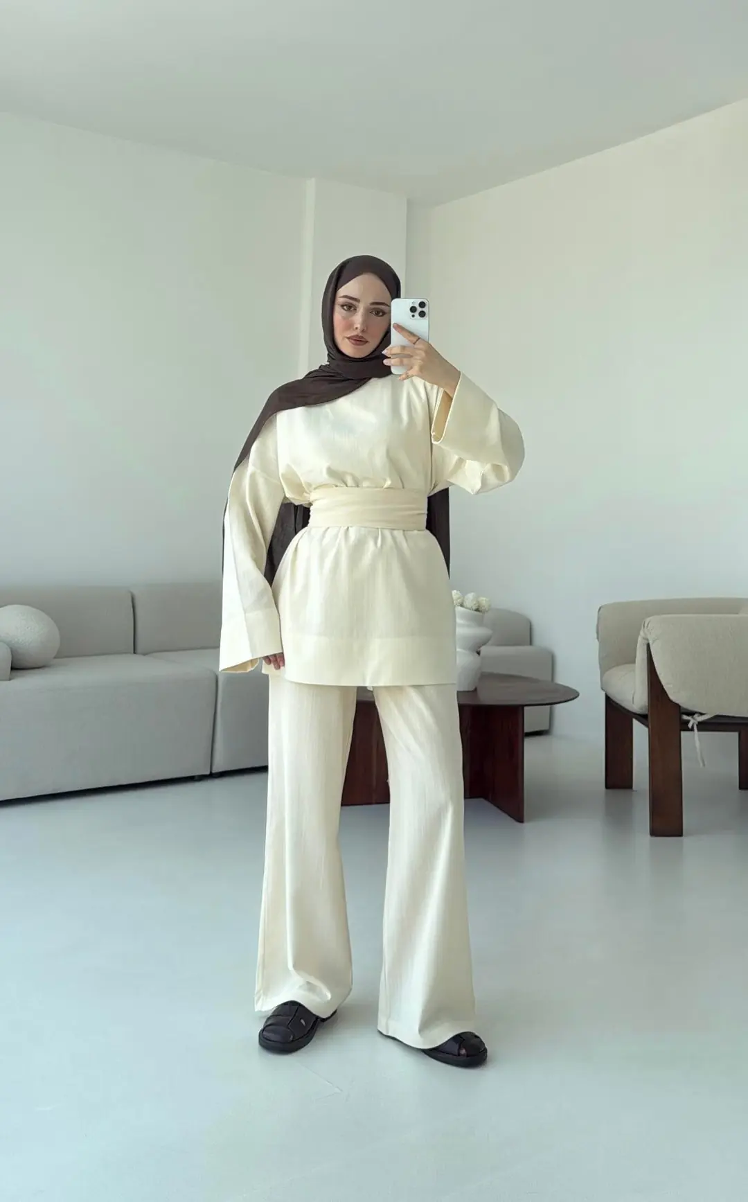 Krem Kuşaklı Bluz Takım - Görsel 2