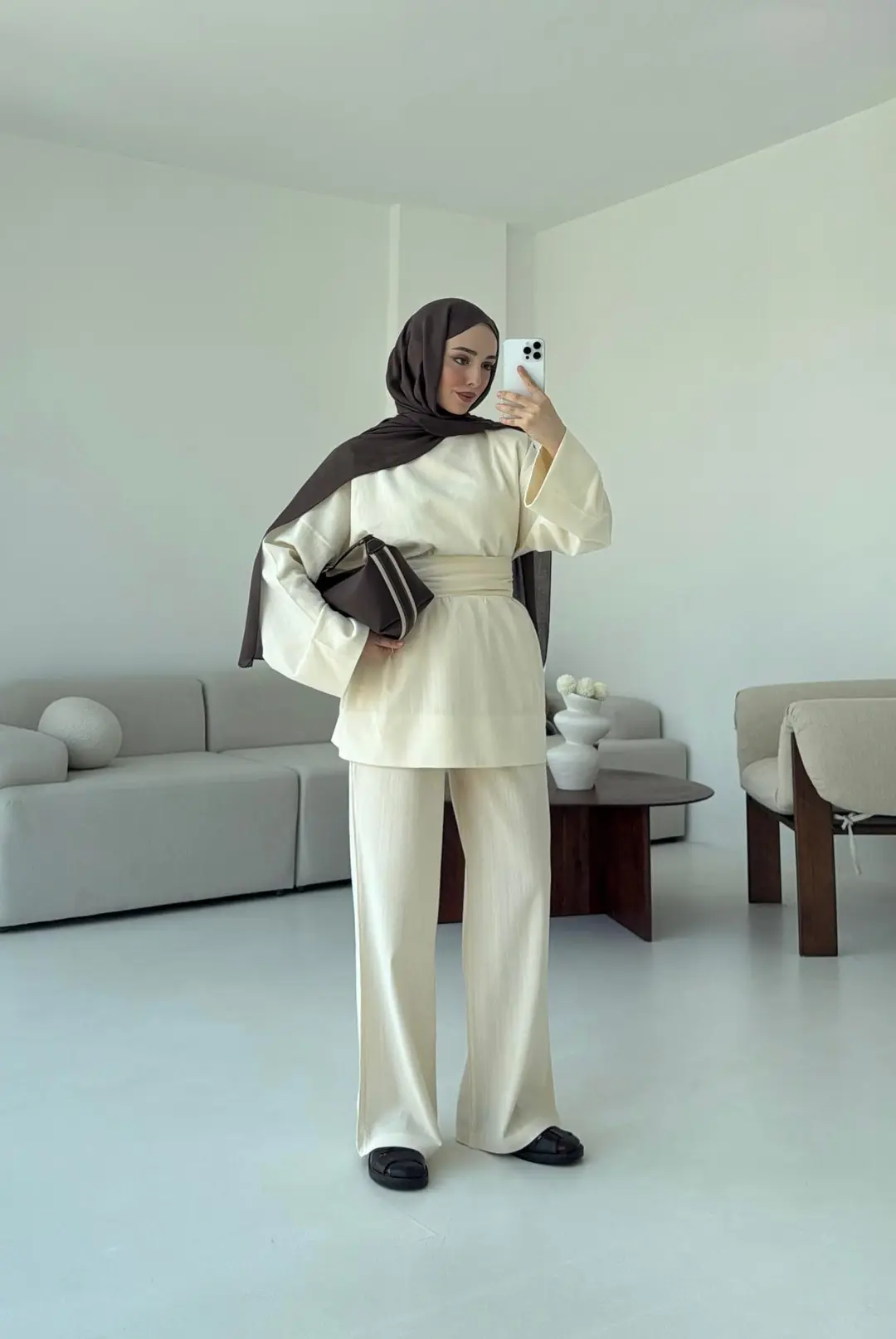 Krem Kuşaklı Bluz Takım - Görsel 4