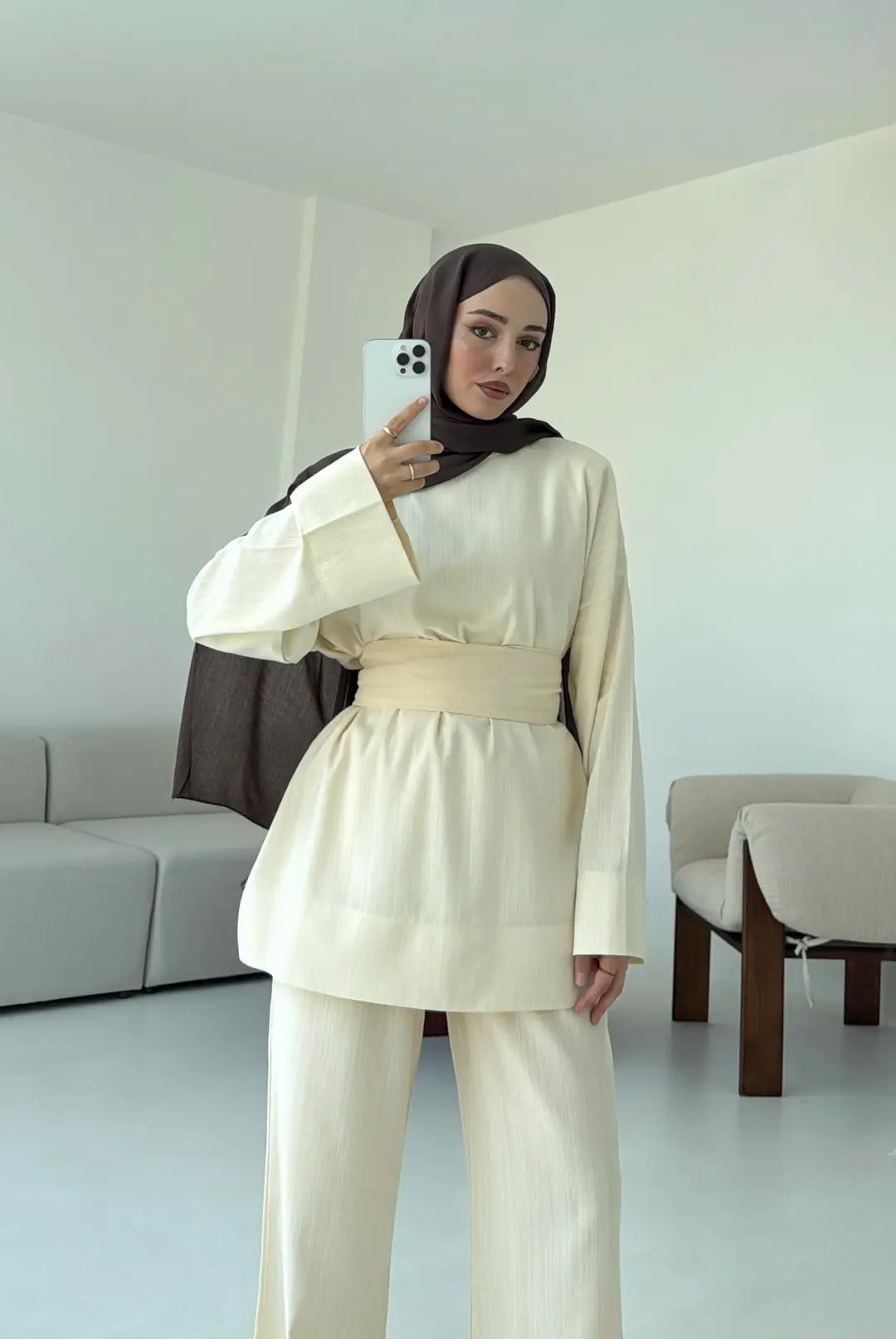 Krem Kuşaklı Bluz Takım - Görsel 6