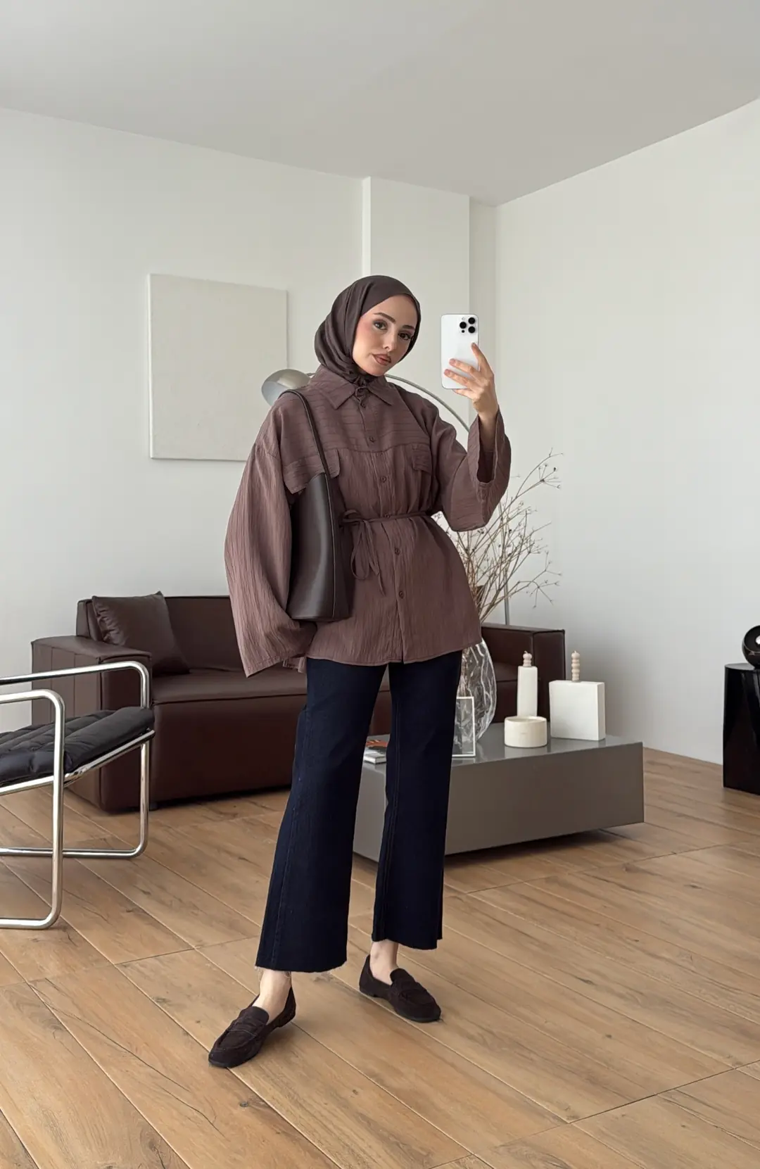 Krep Bağlamalı Dökümlü Gömlek Kahve - Görsel 2