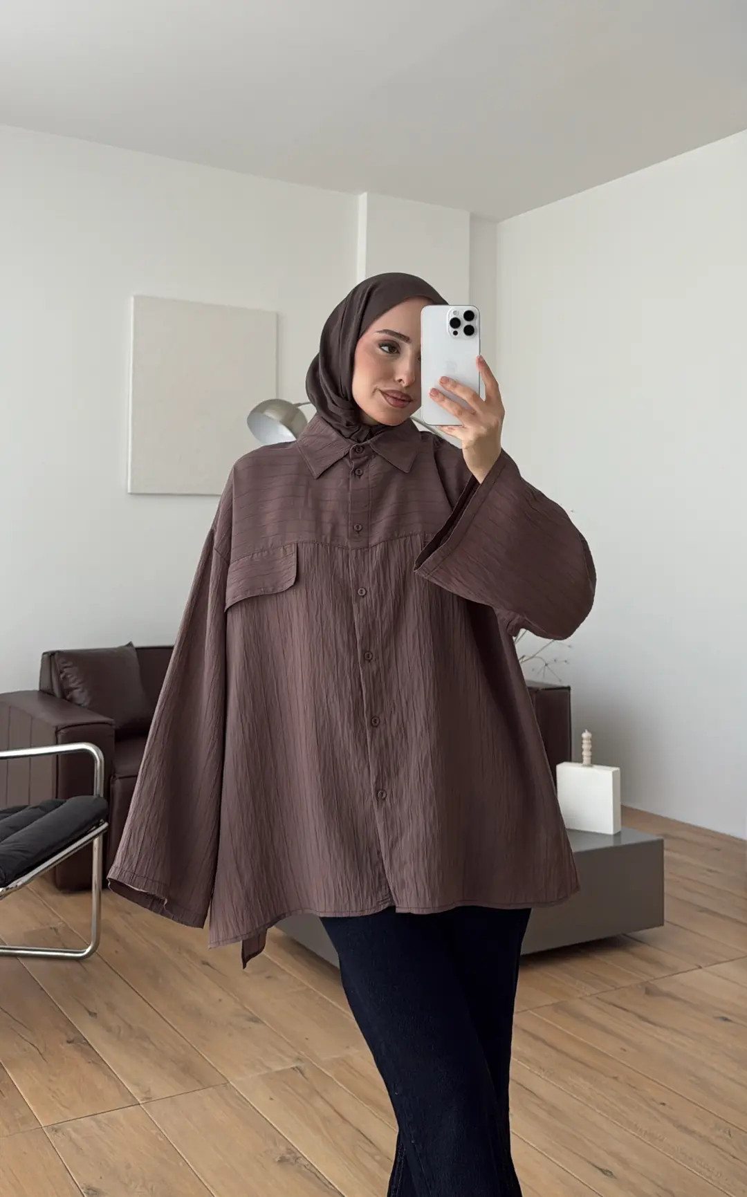 Krep Bağlamalı Dökümlü Gömlek Kahve - Görsel 3