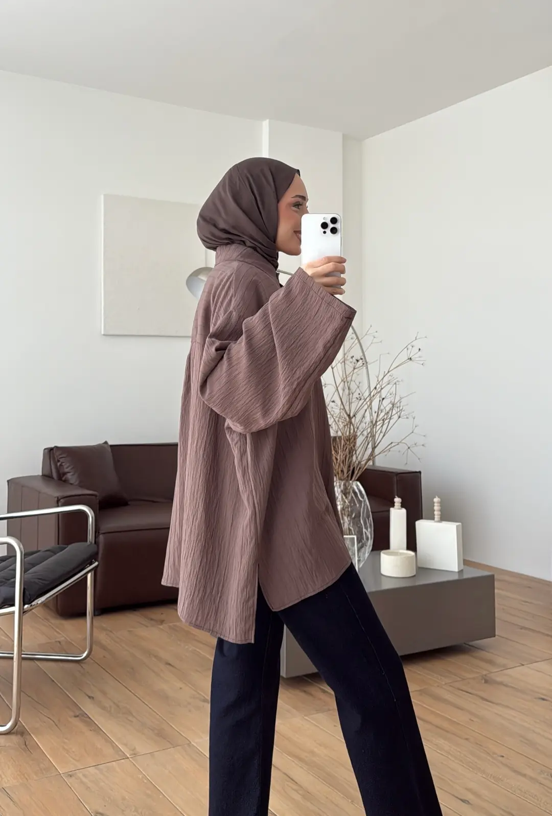 Krep Bağlamalı Dökümlü Gömlek Kahve - Görsel 5