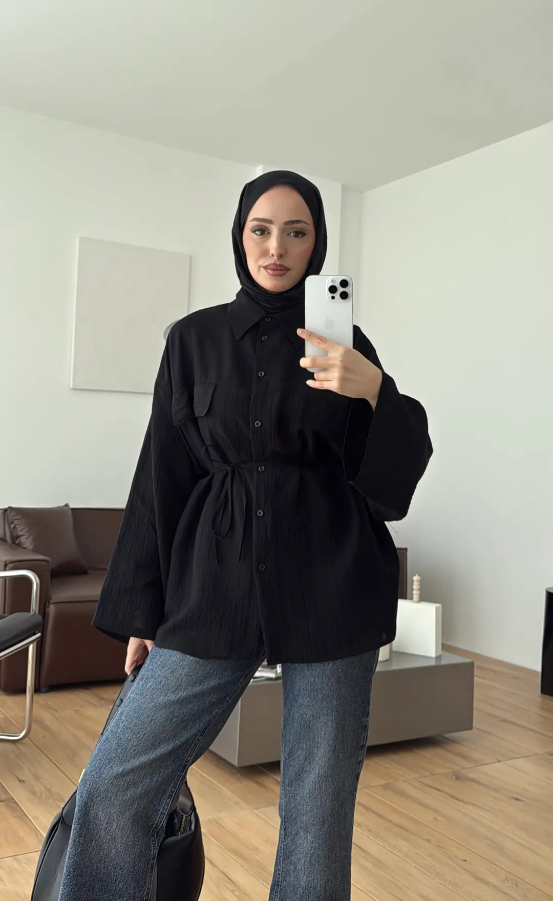 Krep Bağlamalı Dökümlü Gömlek Siyah - Görsel 4