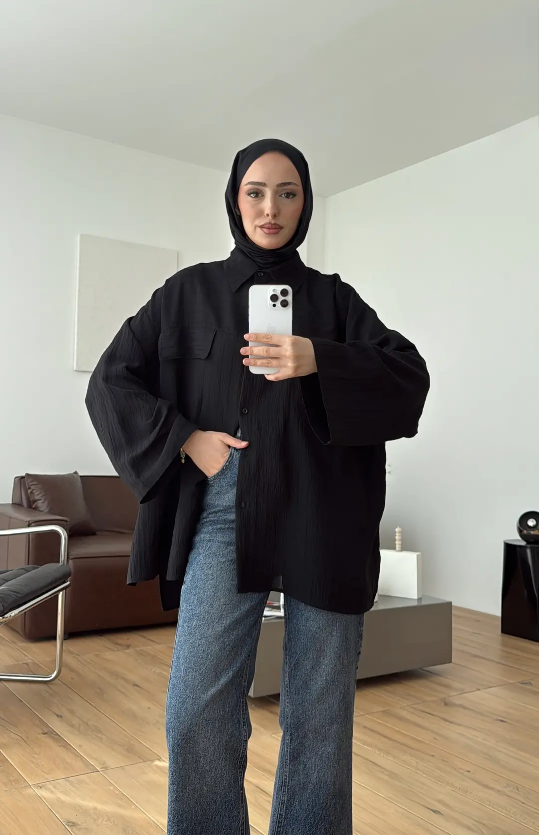 Krep Bağlamalı Dökümlü Gömlek Siyah - Görsel 5