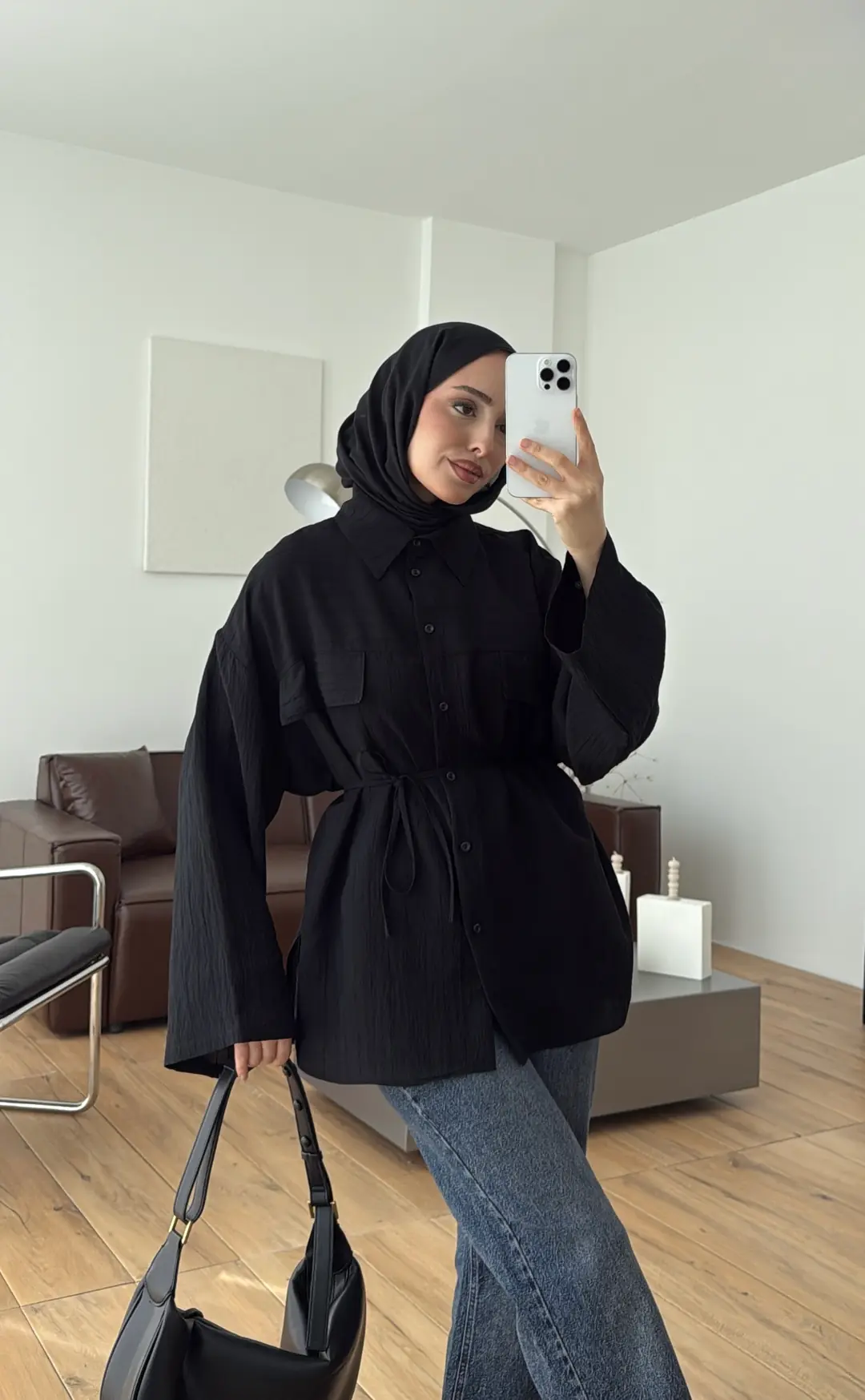 Krep Bağlamalı Dökümlü Gömlek Siyah - Görsel 6