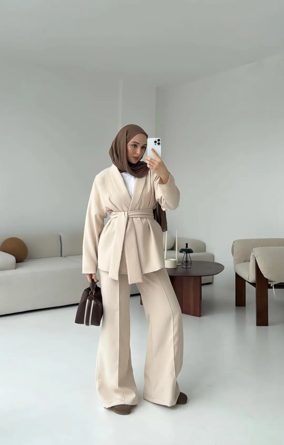 Krep Ceket Bağlamalı Takım Bej