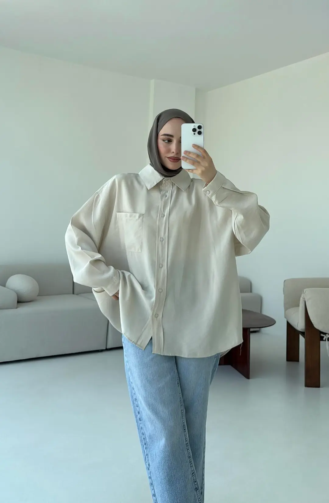 Krep Dökümlü Gömlek Taş - Görsel 4