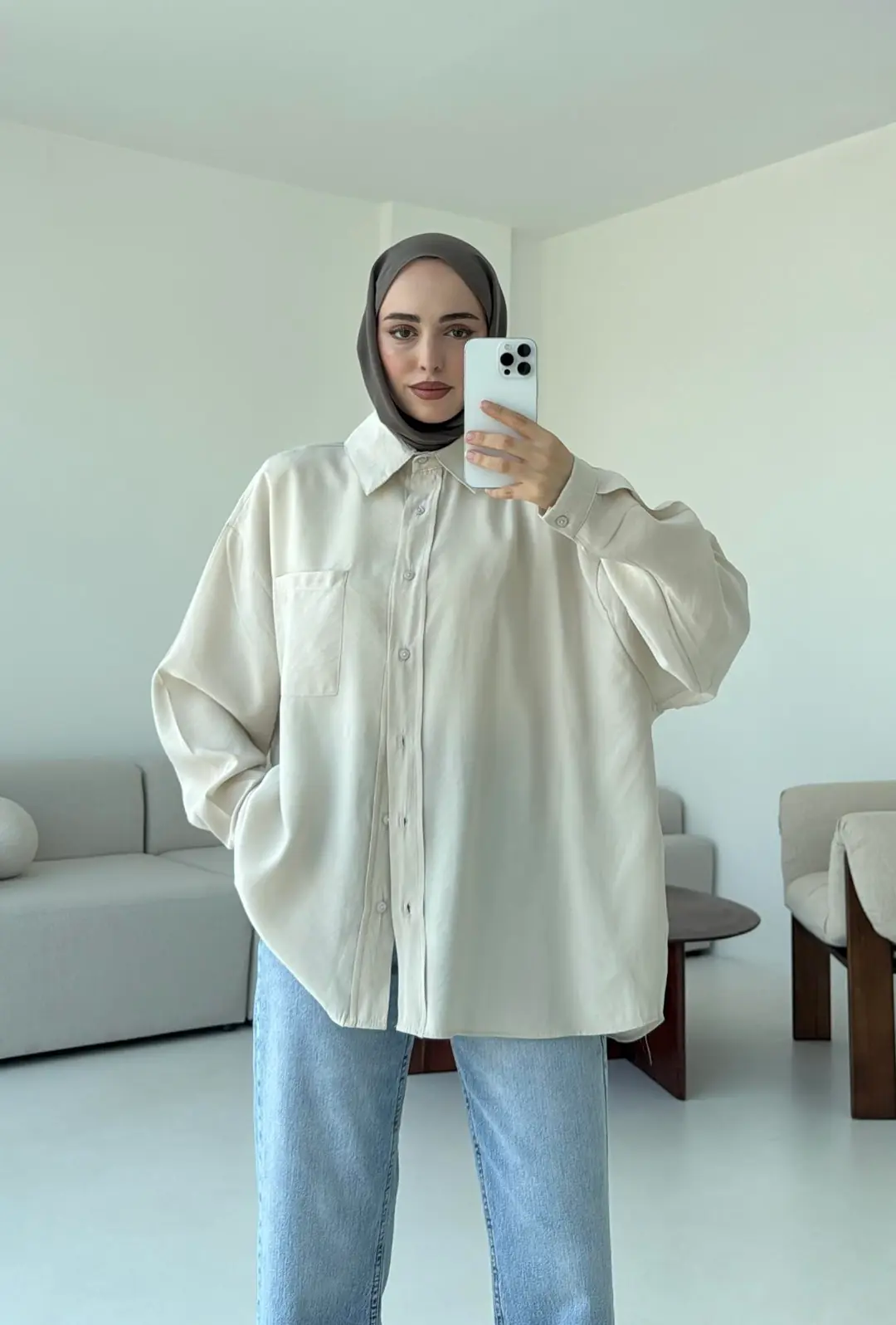 Krep Dökümlü Gömlek Taş - Görsel 5