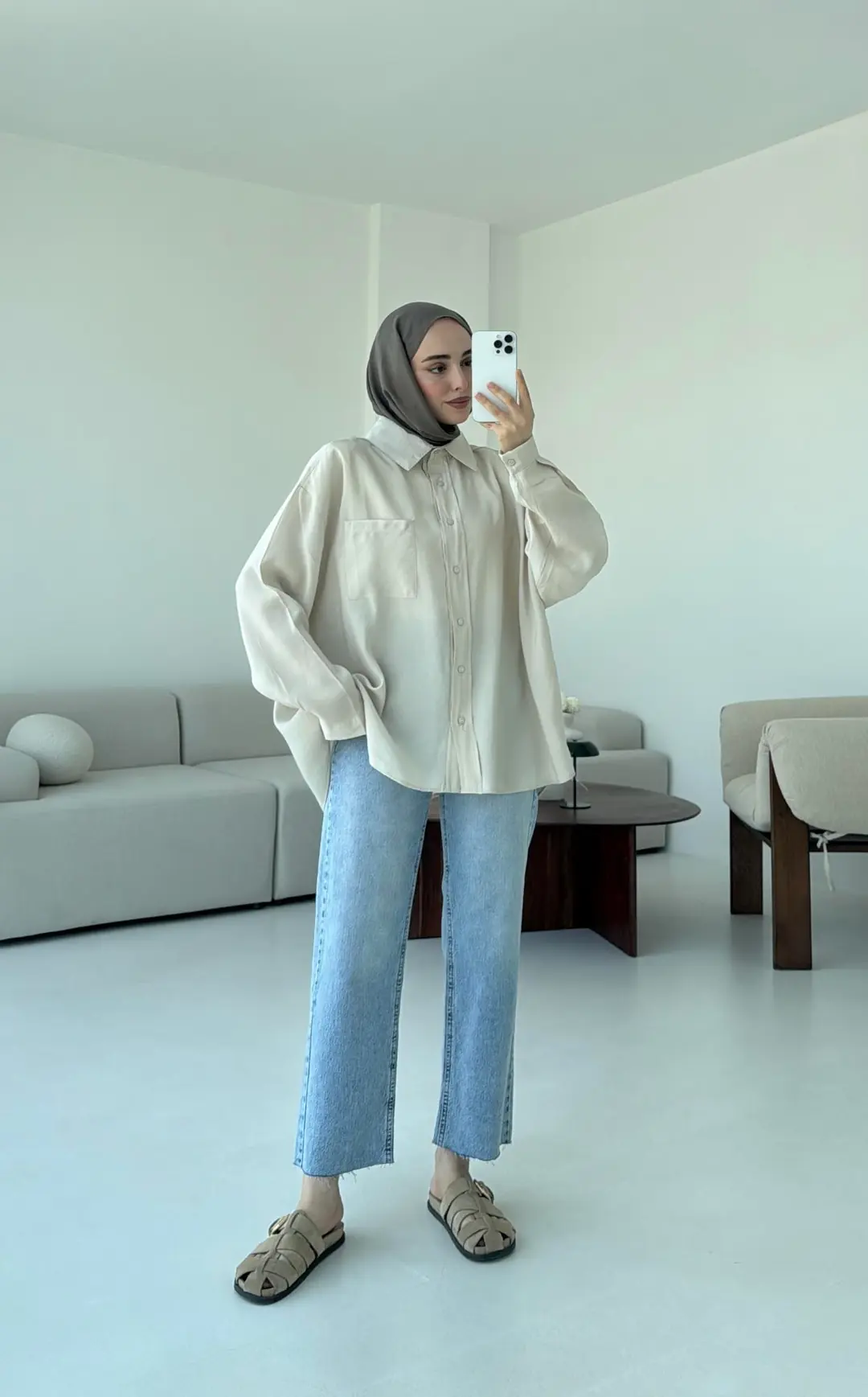 Krep Dökümlü Gömlek Taş - Görsel 7