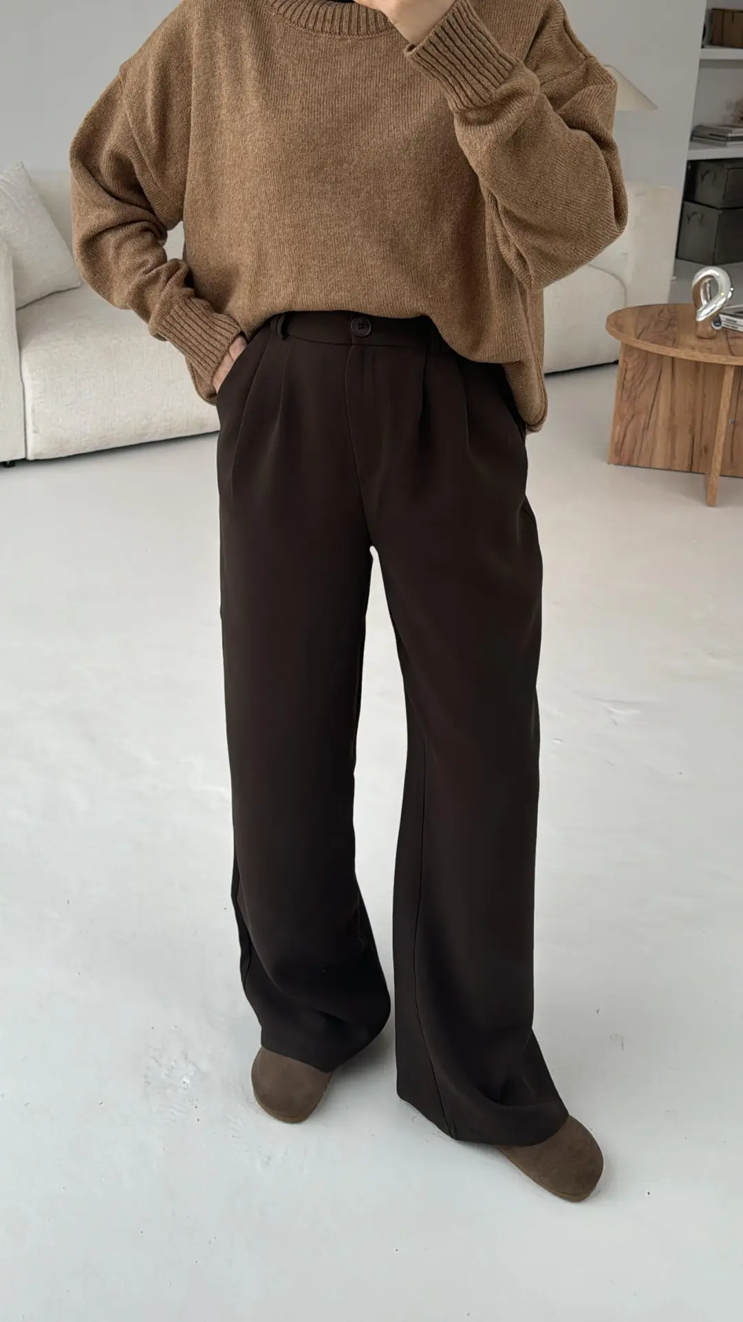 Krep Tam Boy Pantolon Kahve - Görsel 2