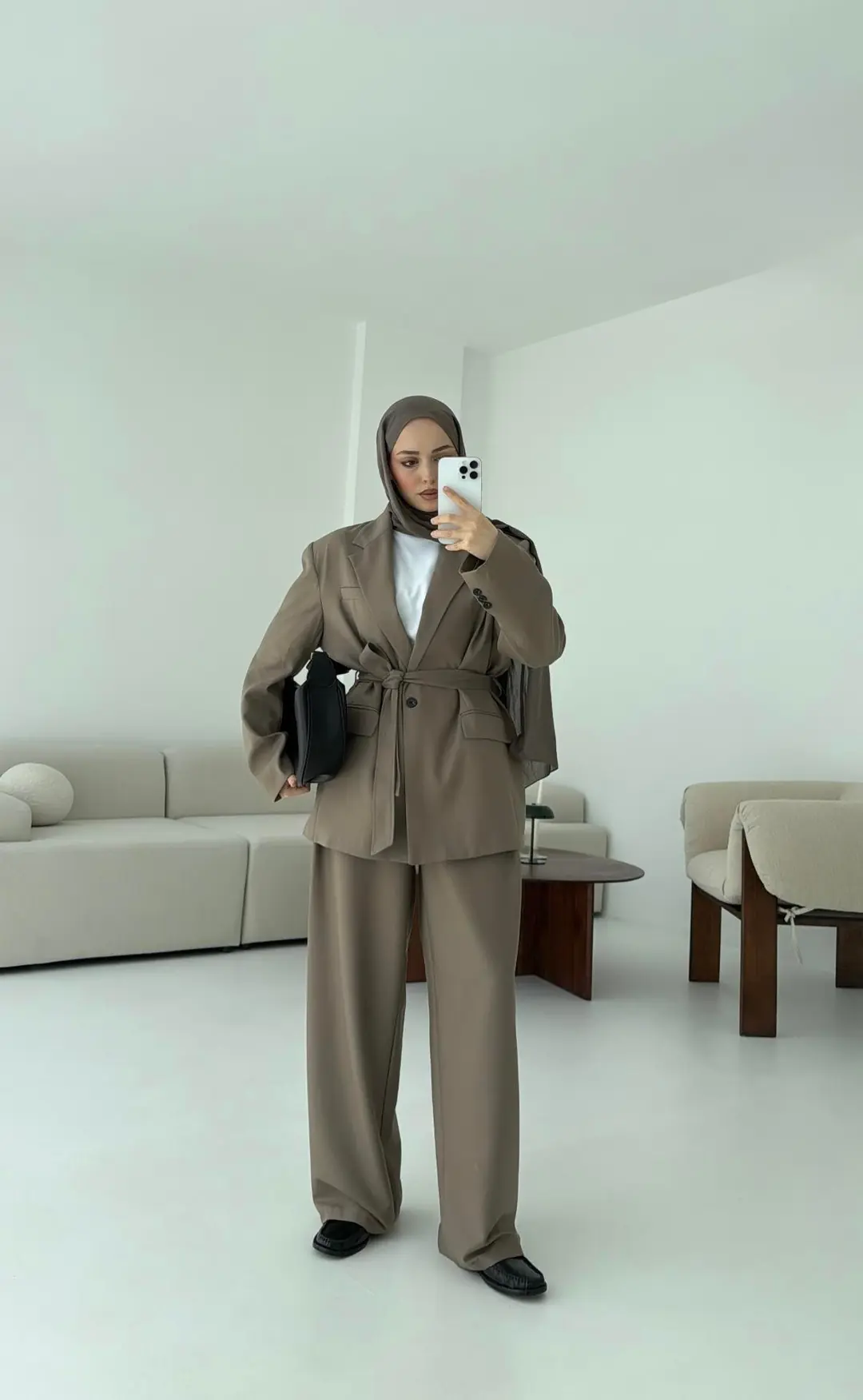 Kuşaklı Ceket Tasarım Pantolon Vizon