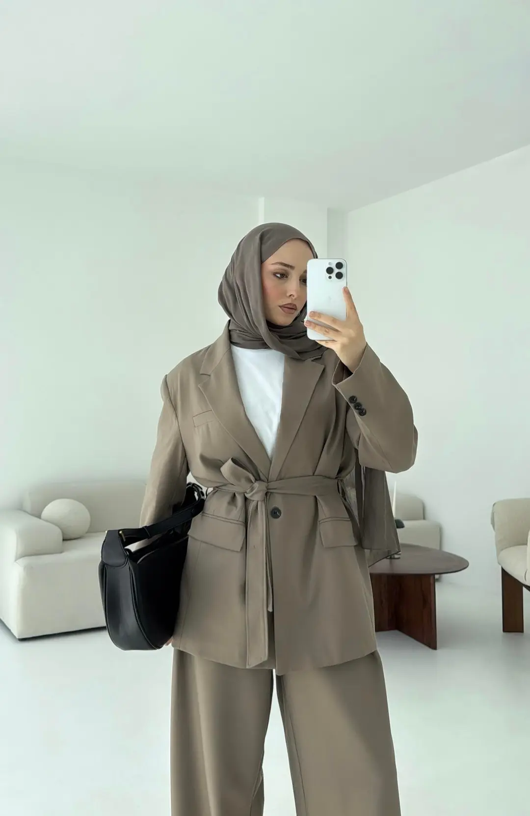 Kuşaklı Ceket Tasarım Pantolon Vizon - Görsel 2