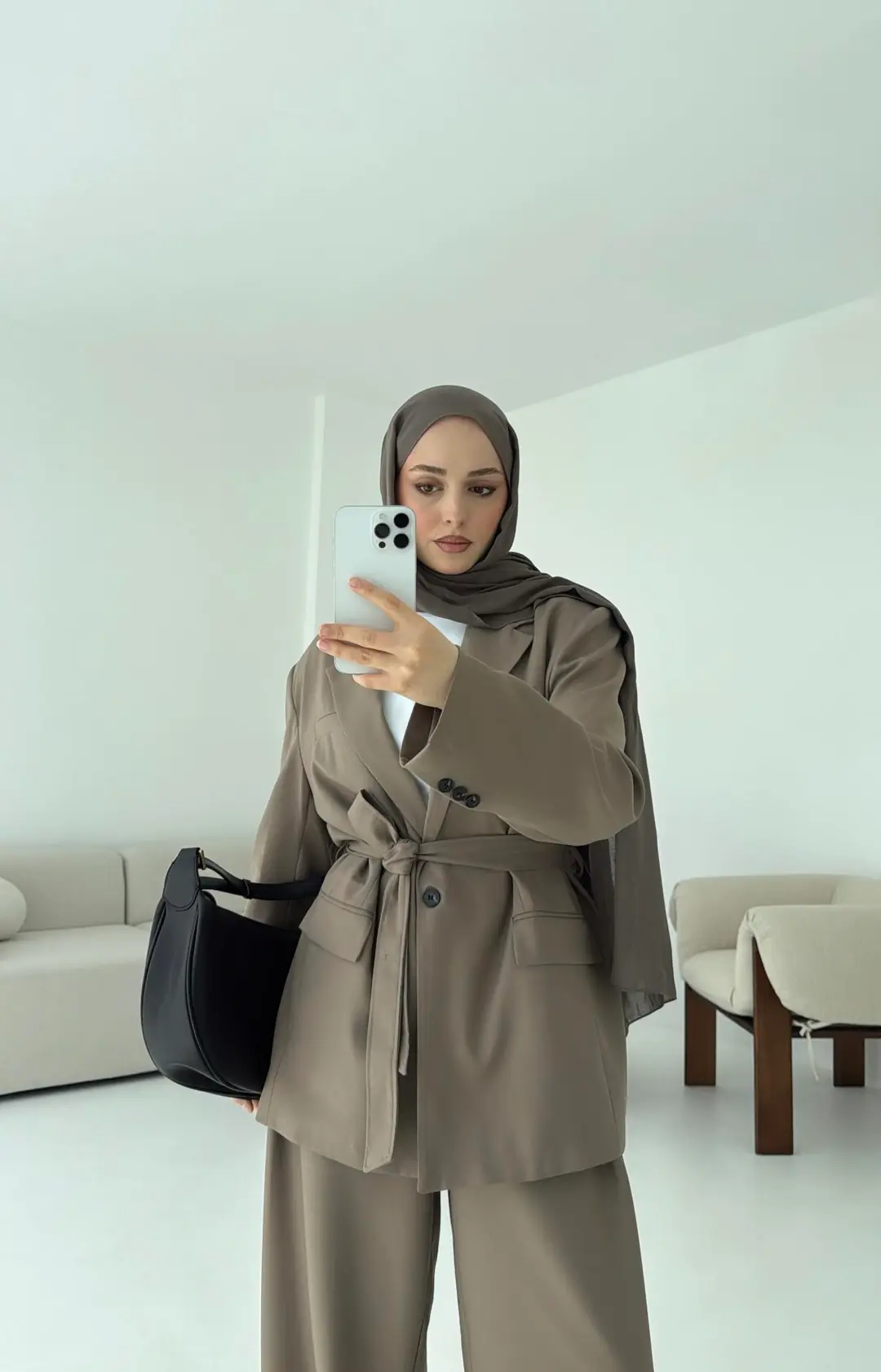 Kuşaklı Ceket Tasarım Pantolon Vizon - Görsel 3