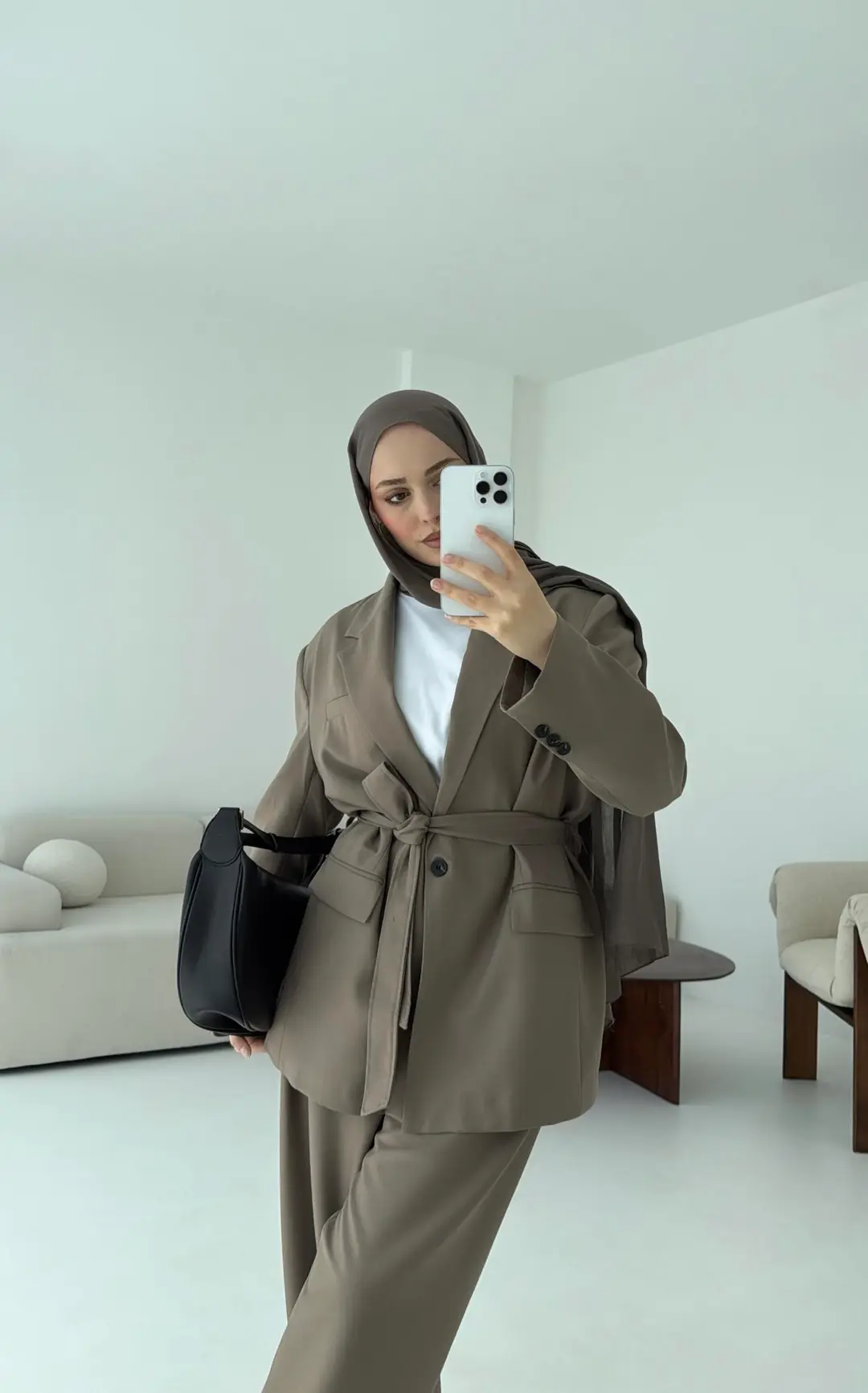 Kuşaklı Ceket Tasarım Pantolon Vizon - Görsel 4