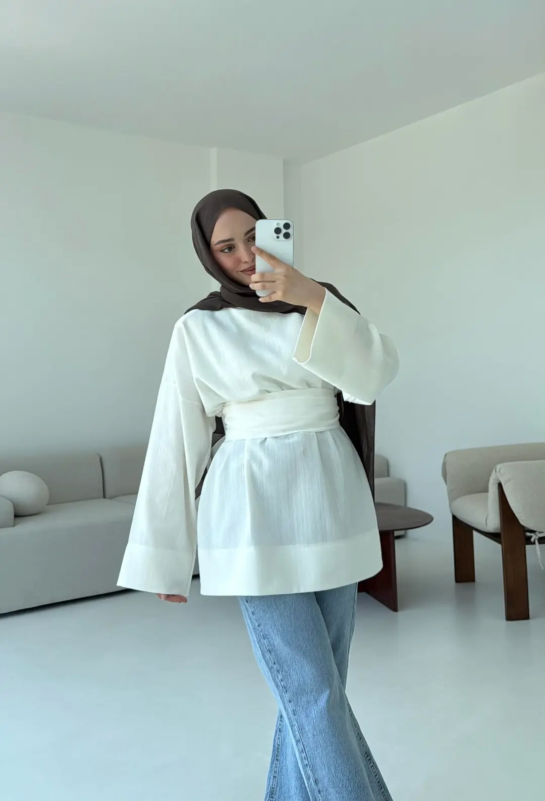 Kuşaklı Keten Bluz Beyaz