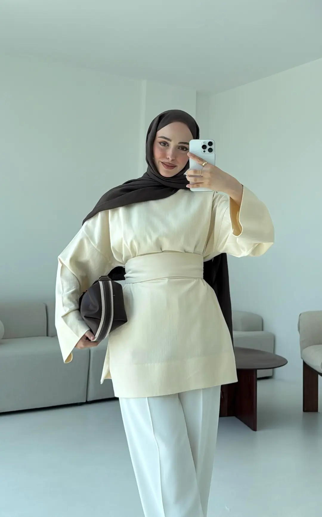 Kuşaklı Keten Bluz Krem - Görsel 2