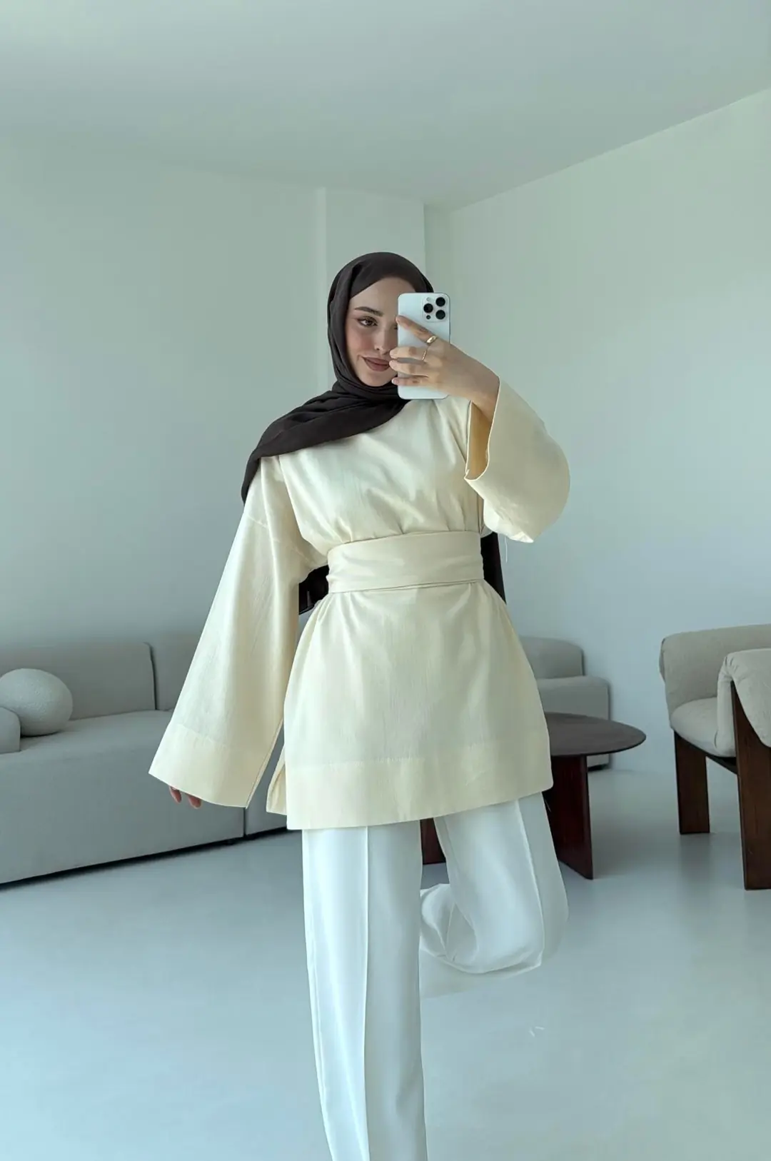 Kuşaklı Keten Bluz Krem - Görsel 6