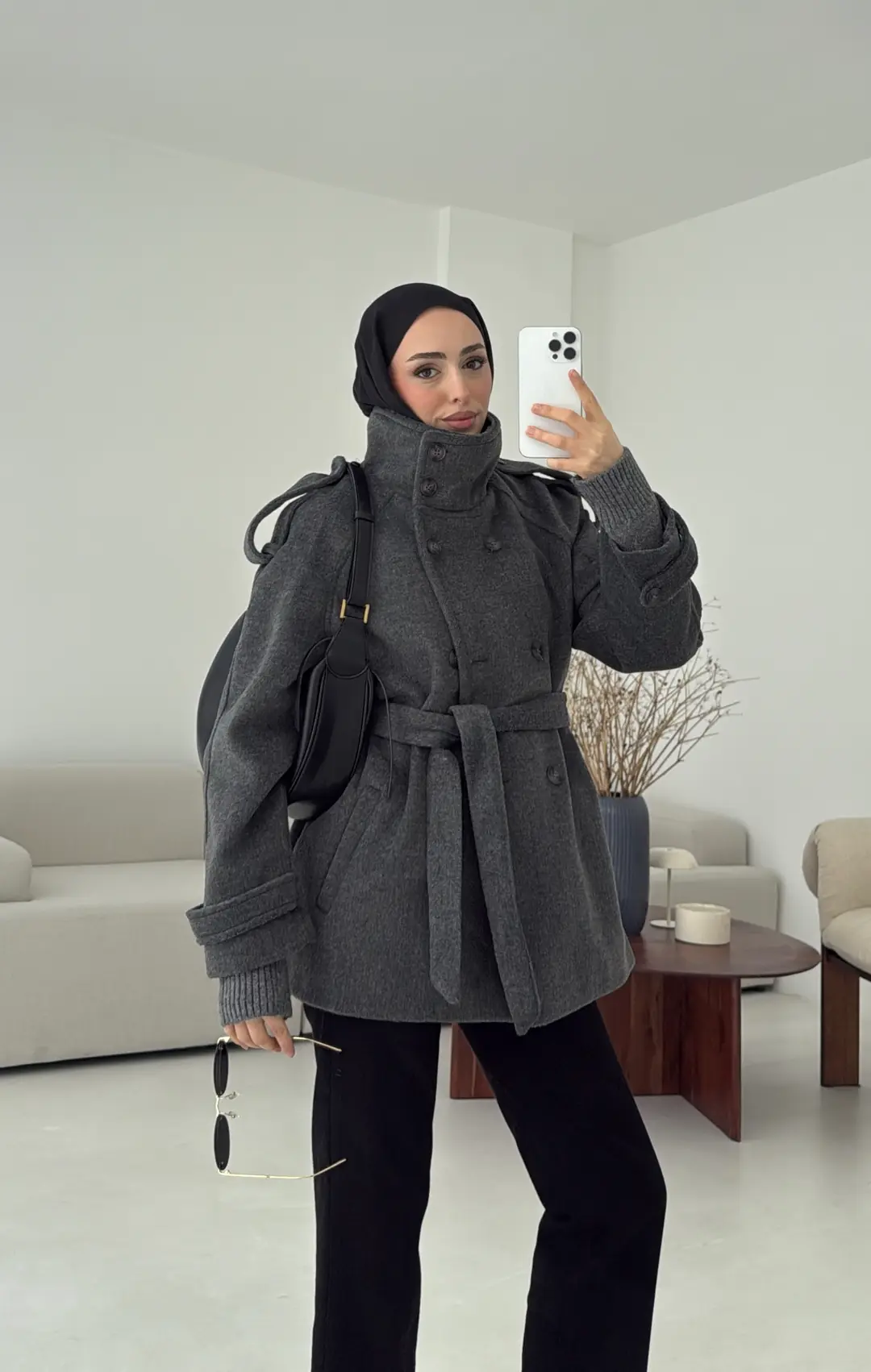 Kuşaklı Oversize Kaşe Kaban Antrasit - Görsel 2