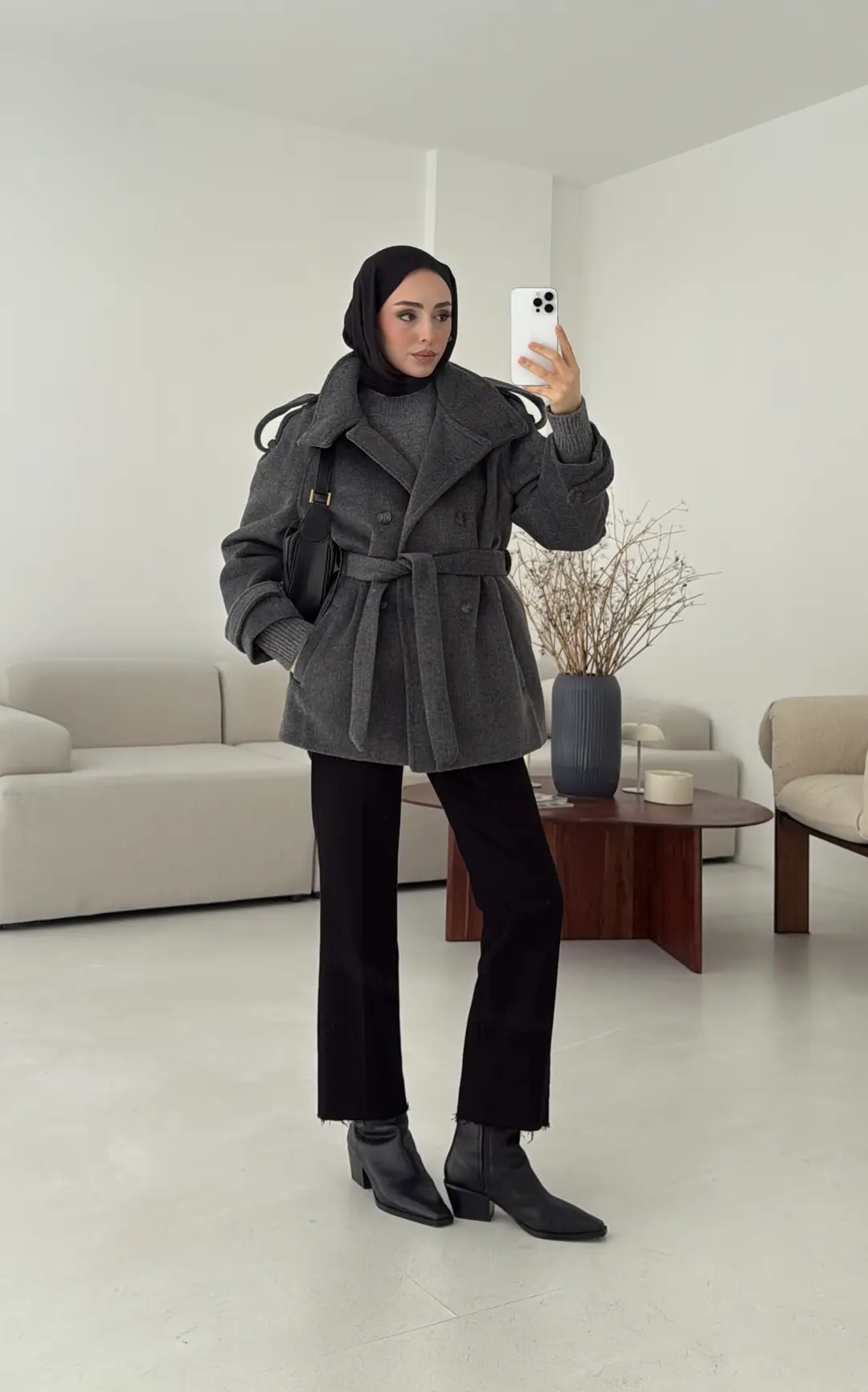 Kuşaklı Oversize Kaşe Kaban Antrasit - Görsel 3