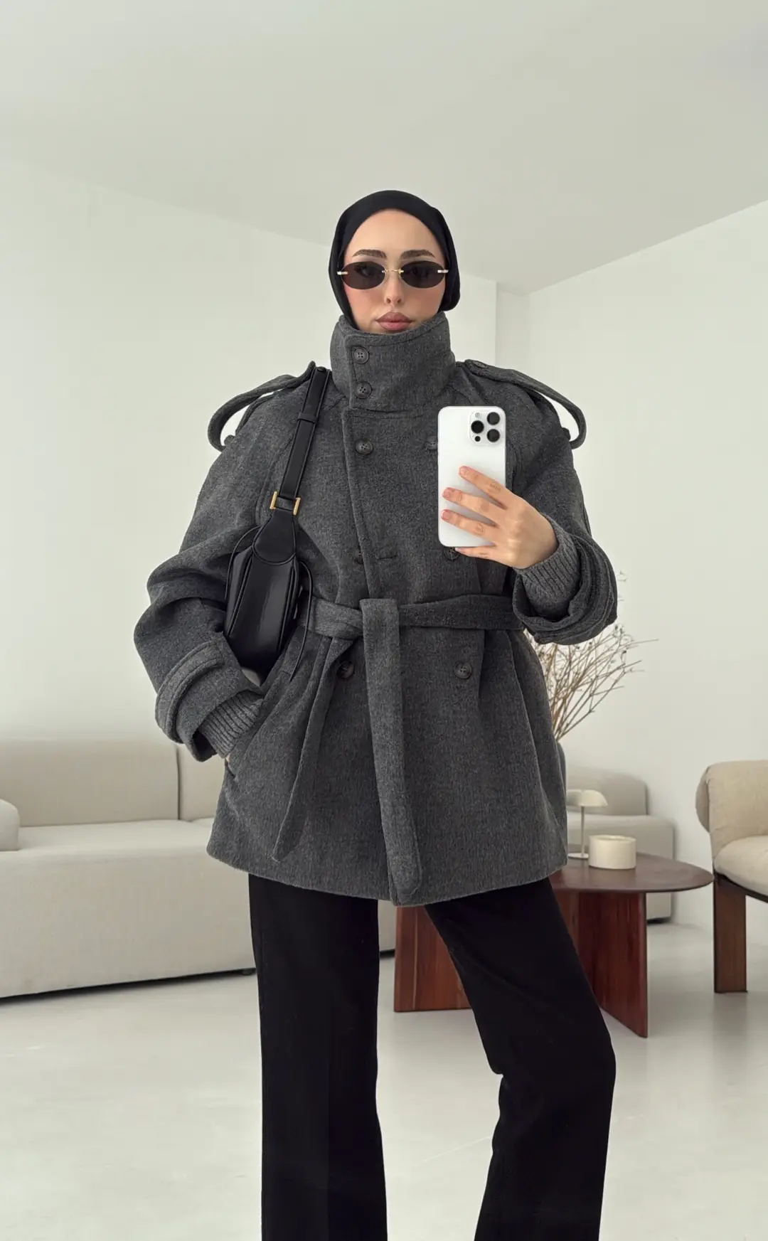 Kuşaklı Oversize Kaşe Kaban Antrasit - Görsel 6