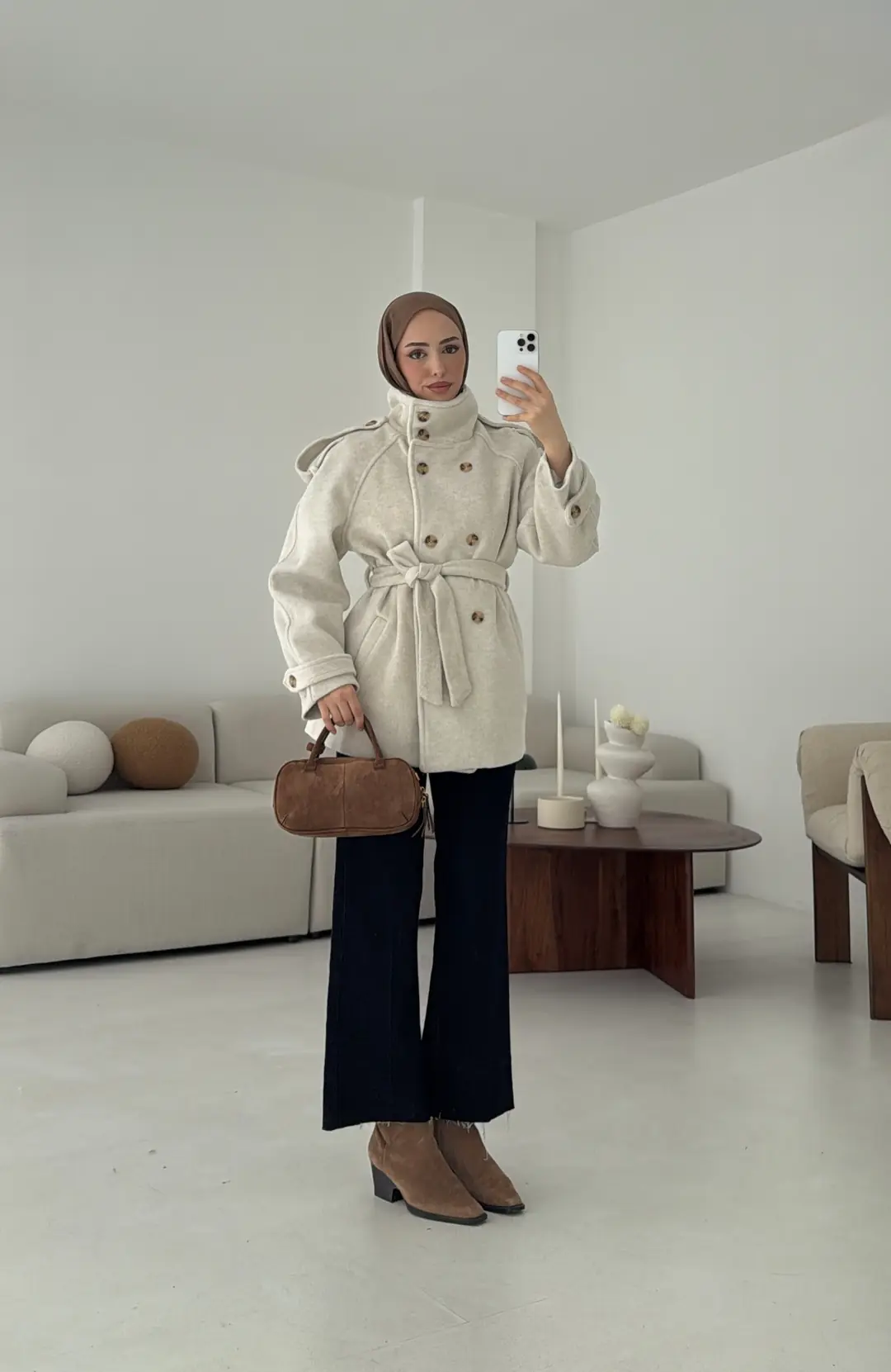 Kuşaklı Oversize Kaşe Kaban Taş - Görsel 2