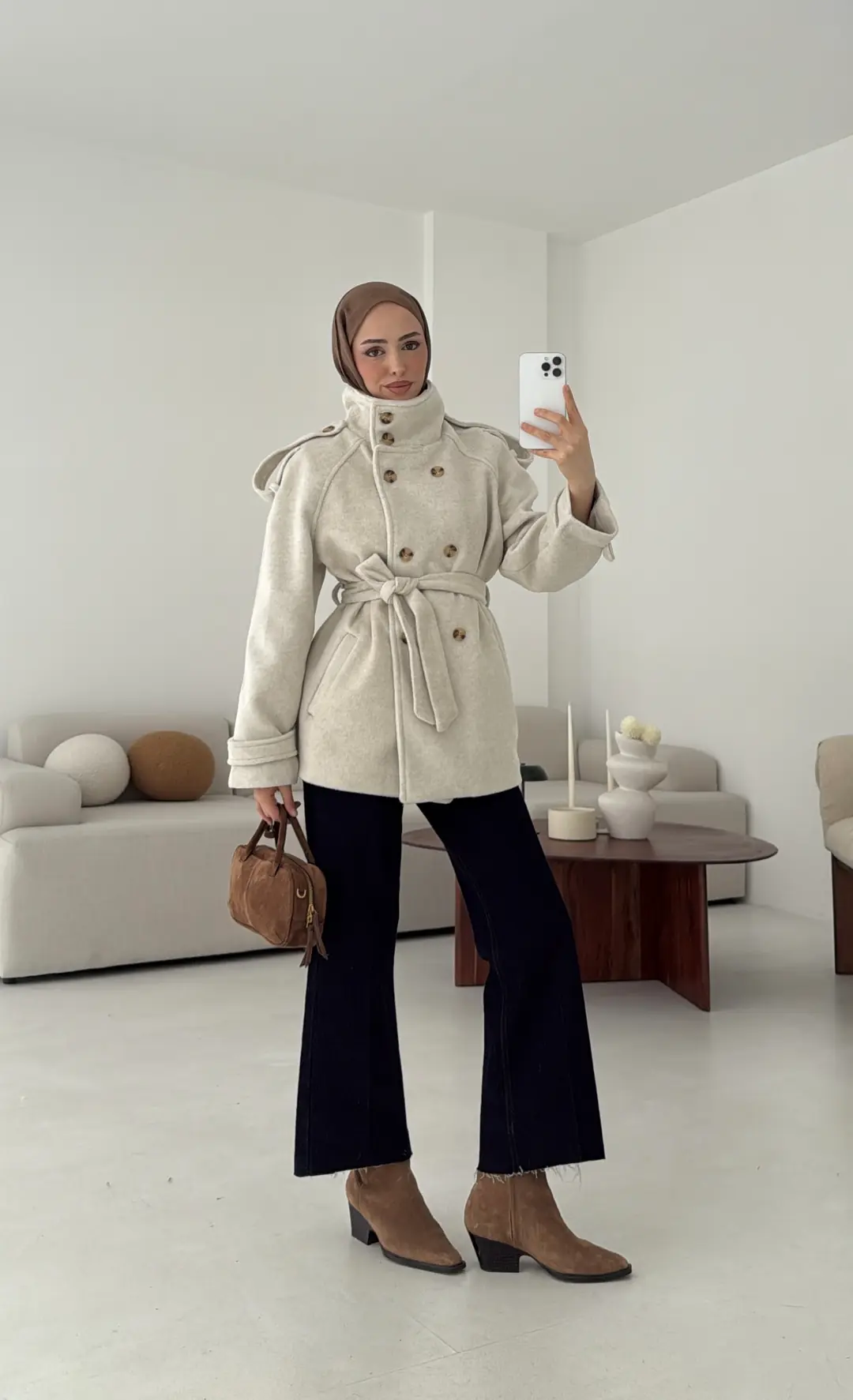 Kuşaklı Oversize Kaşe Kaban Taş - Görsel 6