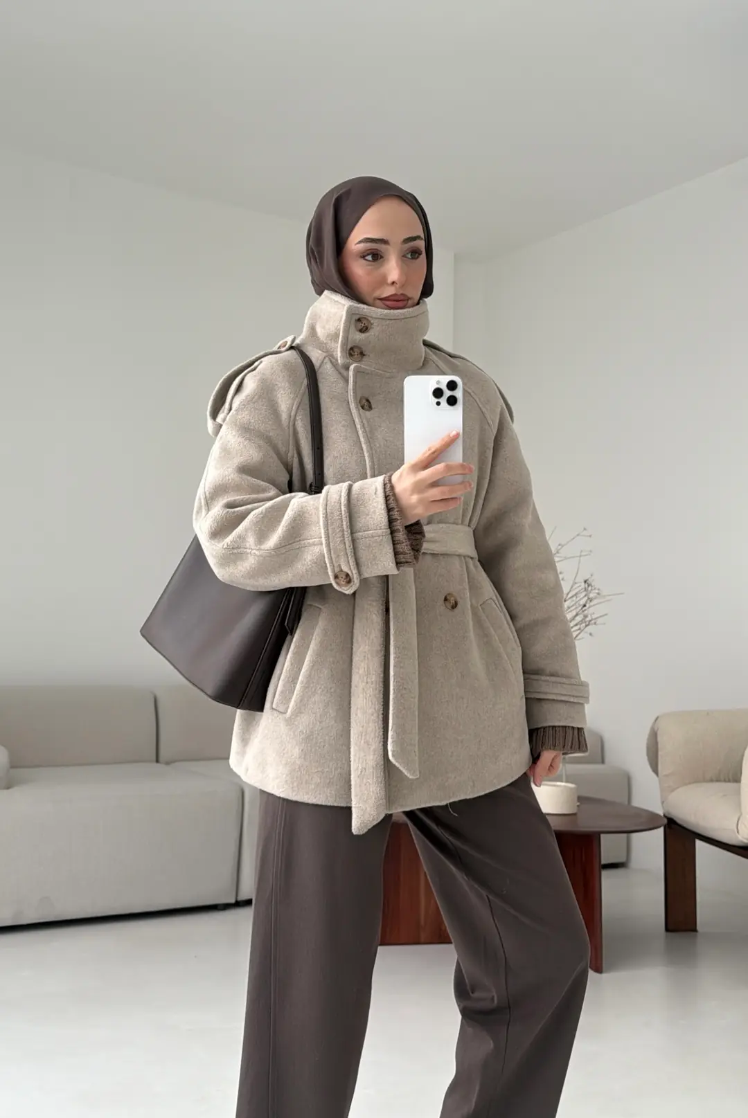 Kuşaklı Oversize Kaşe Kaban Vizon