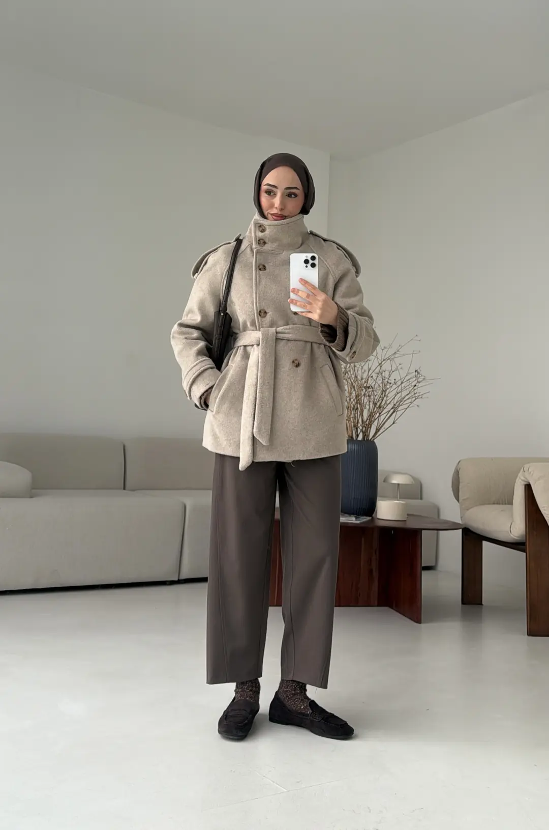 Kuşaklı Oversize Kaşe Kaban Vizon - Görsel 2