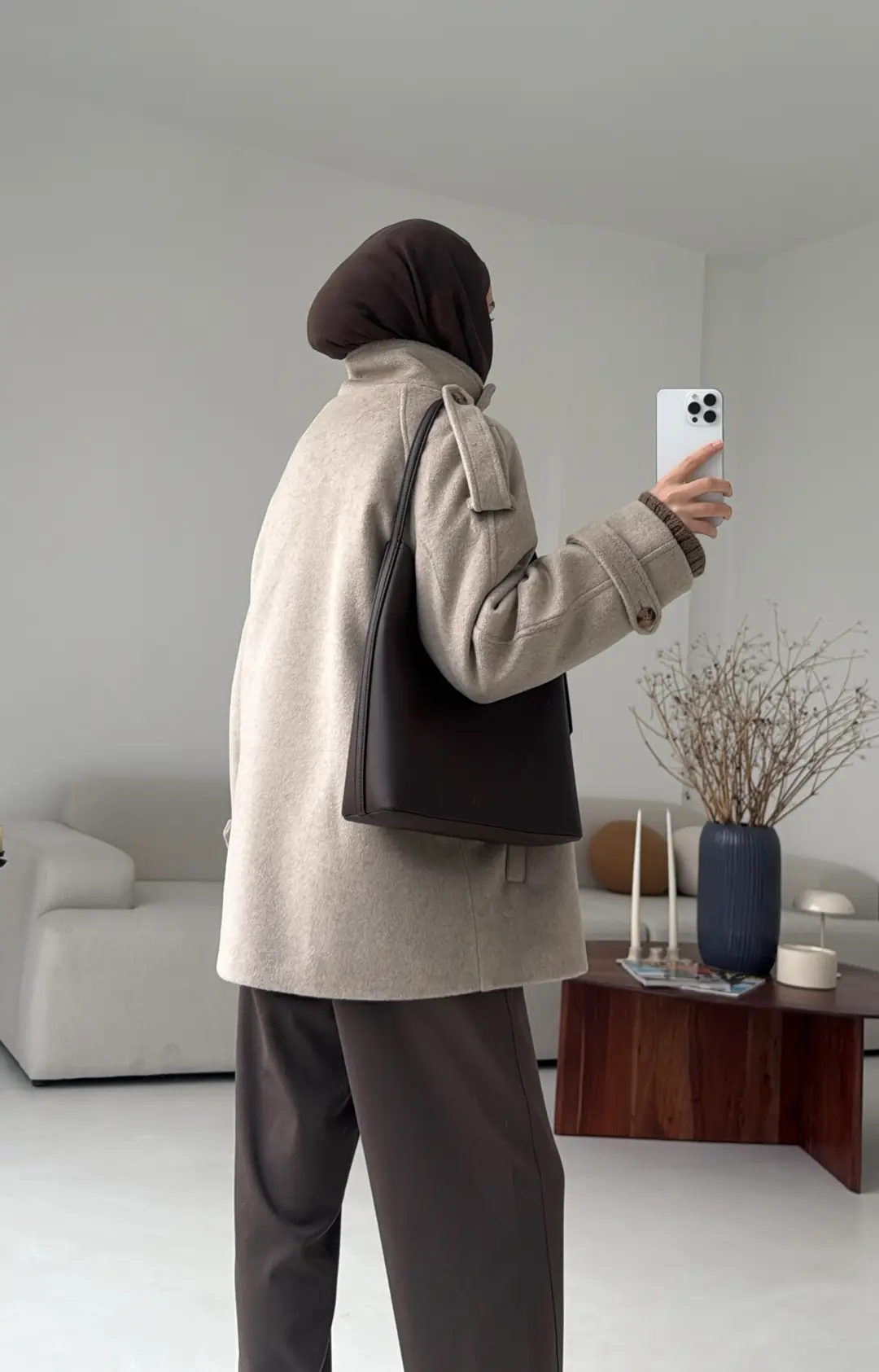 Kuşaklı Oversize Kaşe Kaban Vizon - Görsel 5