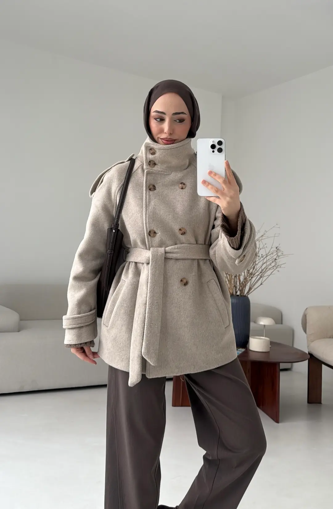 Kuşaklı Oversize Kaşe Kaban Vizon - Görsel 7