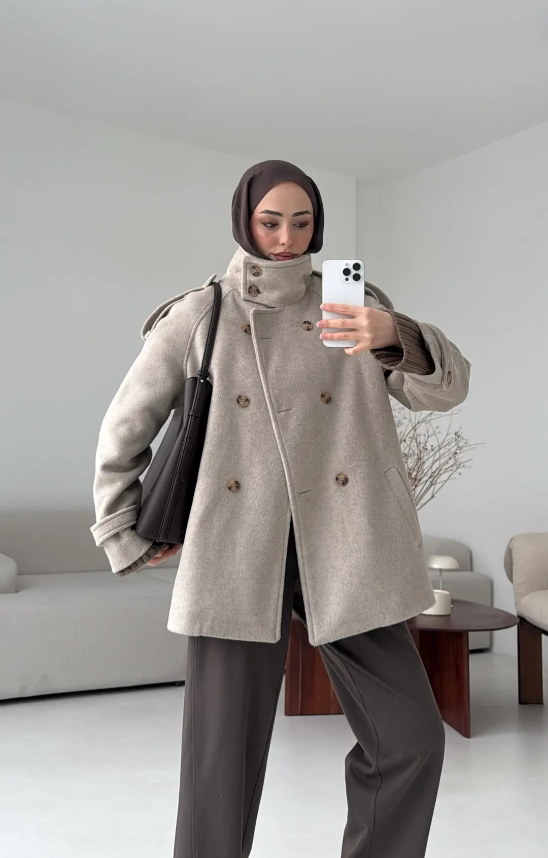 Kuşaklı Oversize Kaşe Kaban Vizon - Görsel 9