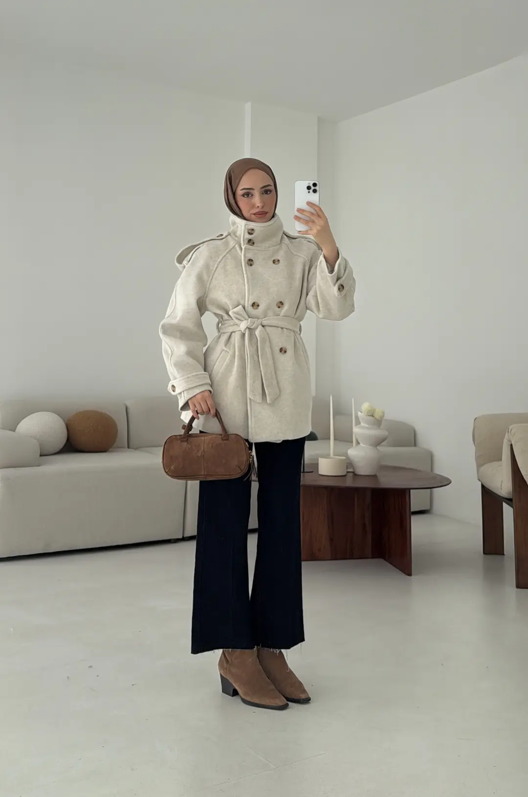 Kuşaklı Oversize Kaşe Kaban Bej - Görsel 4