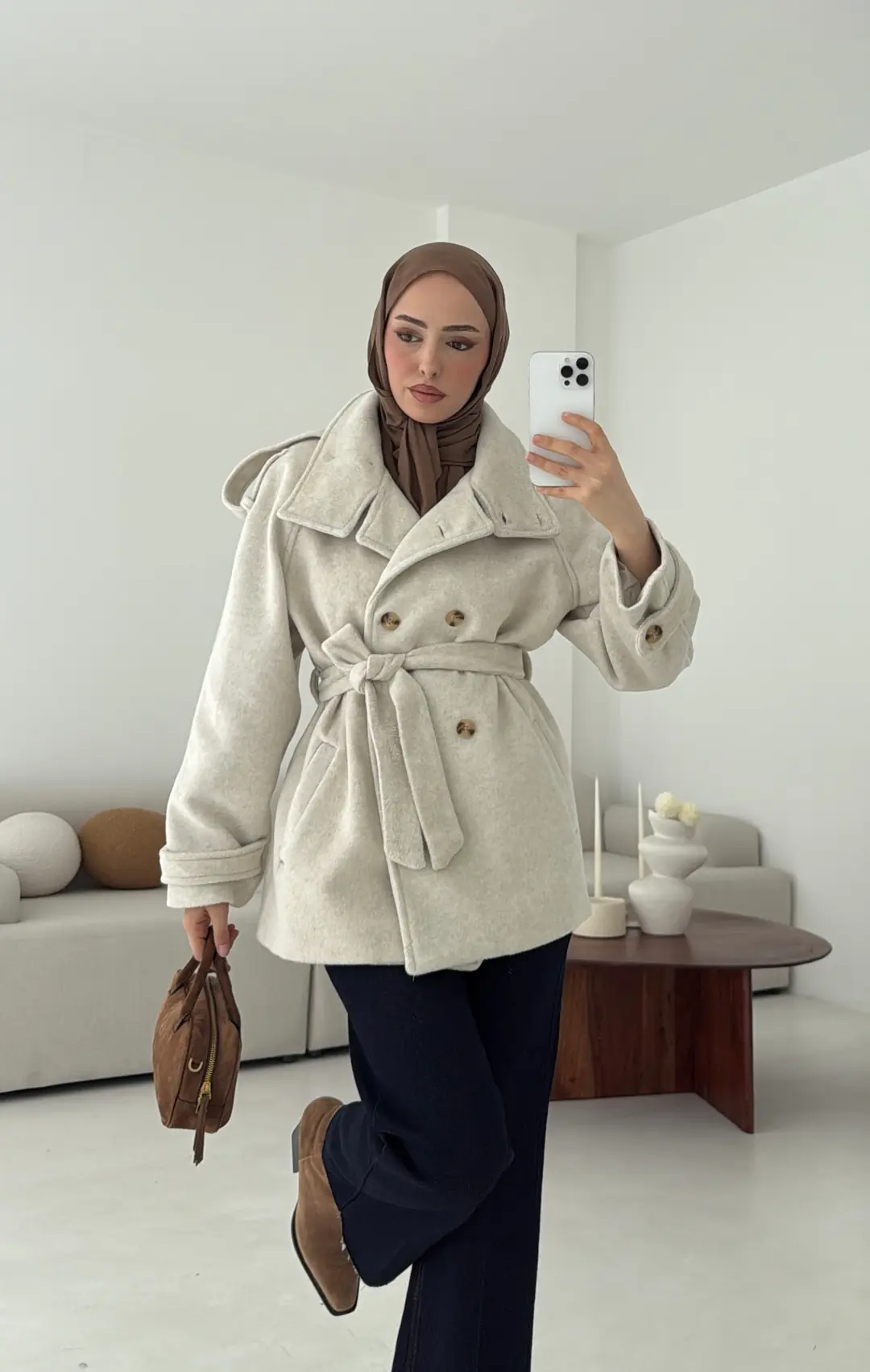 Kuşaklı Oversize Kaşe Kaban Bej - Görsel 6