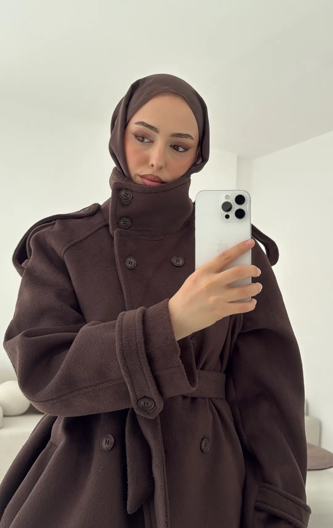 Kuşaklı Oversize Kaşe Kaban Kahve - Görsel 10