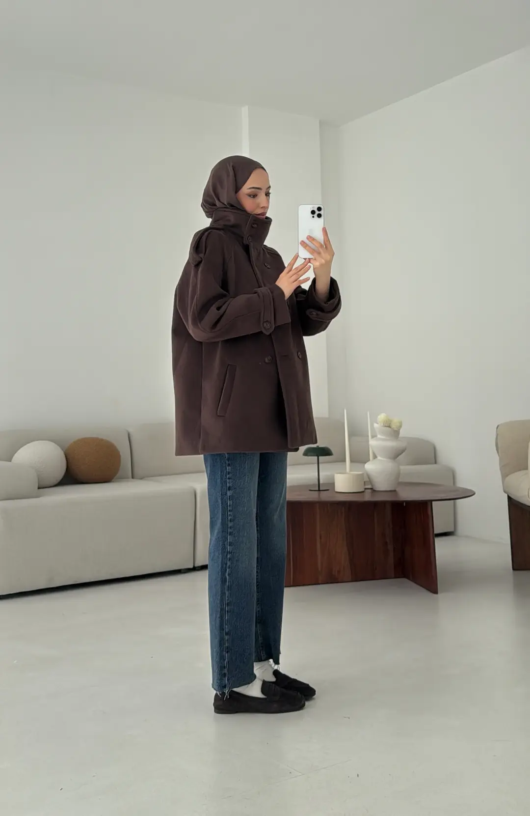 Kuşaklı Oversize Kaşe Kaban Kahve - Görsel 7